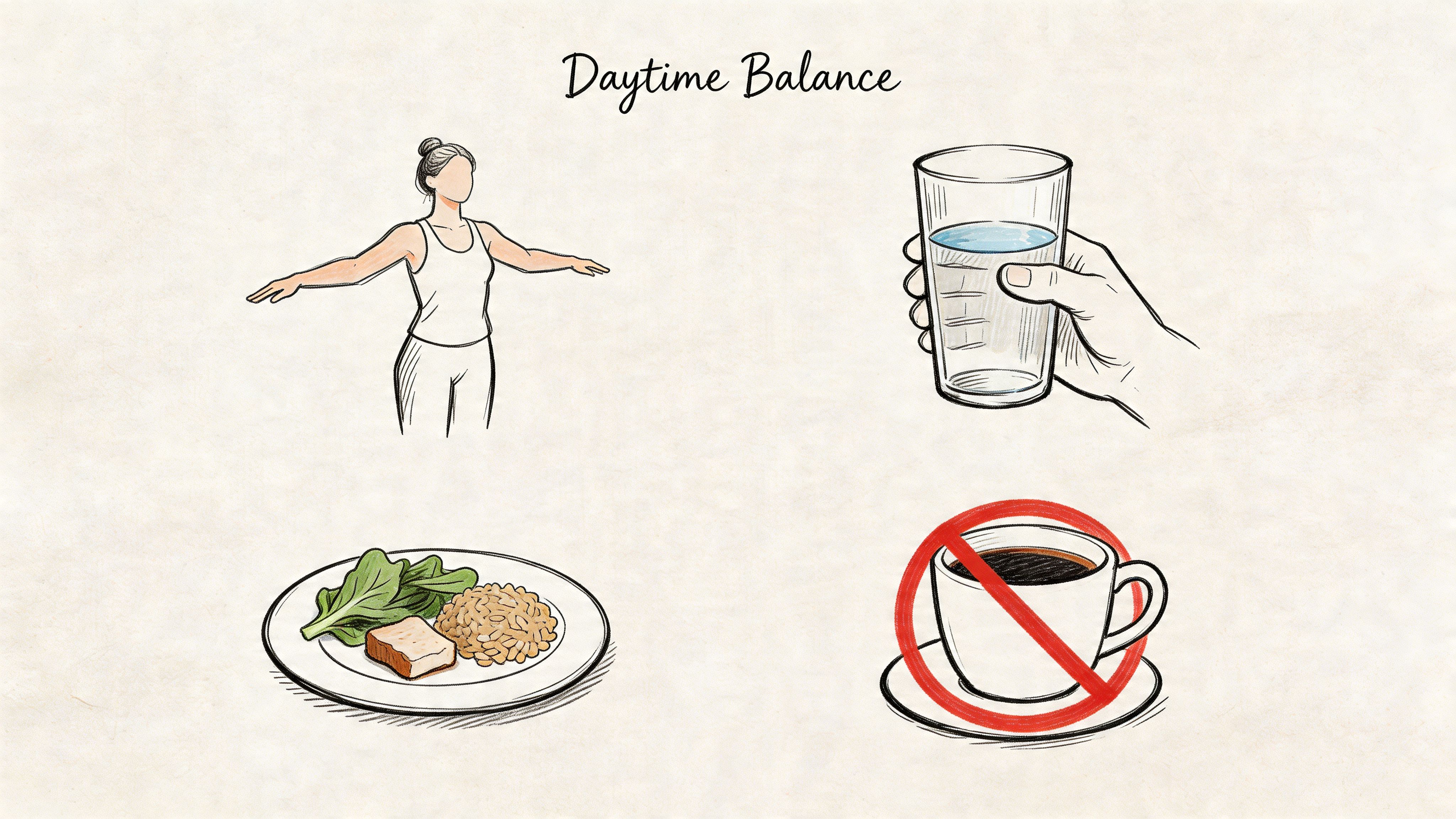 A wellness illustration depicting physical exercise, hydration, healthy nutrition, and the avoidance of coffee for hormonal balance.
