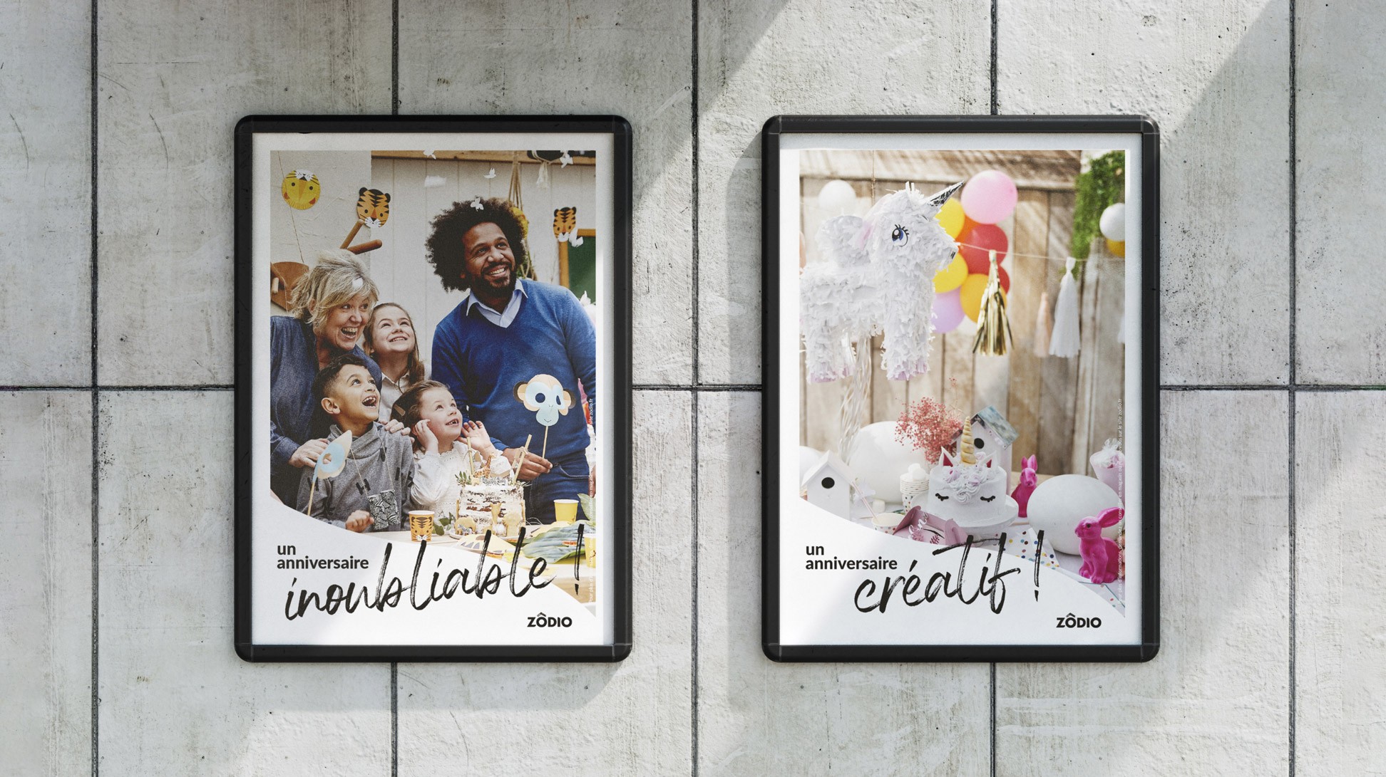 Affiches "Un anniversaire inoubliable" et "un anniversaire créatif" encadrées.