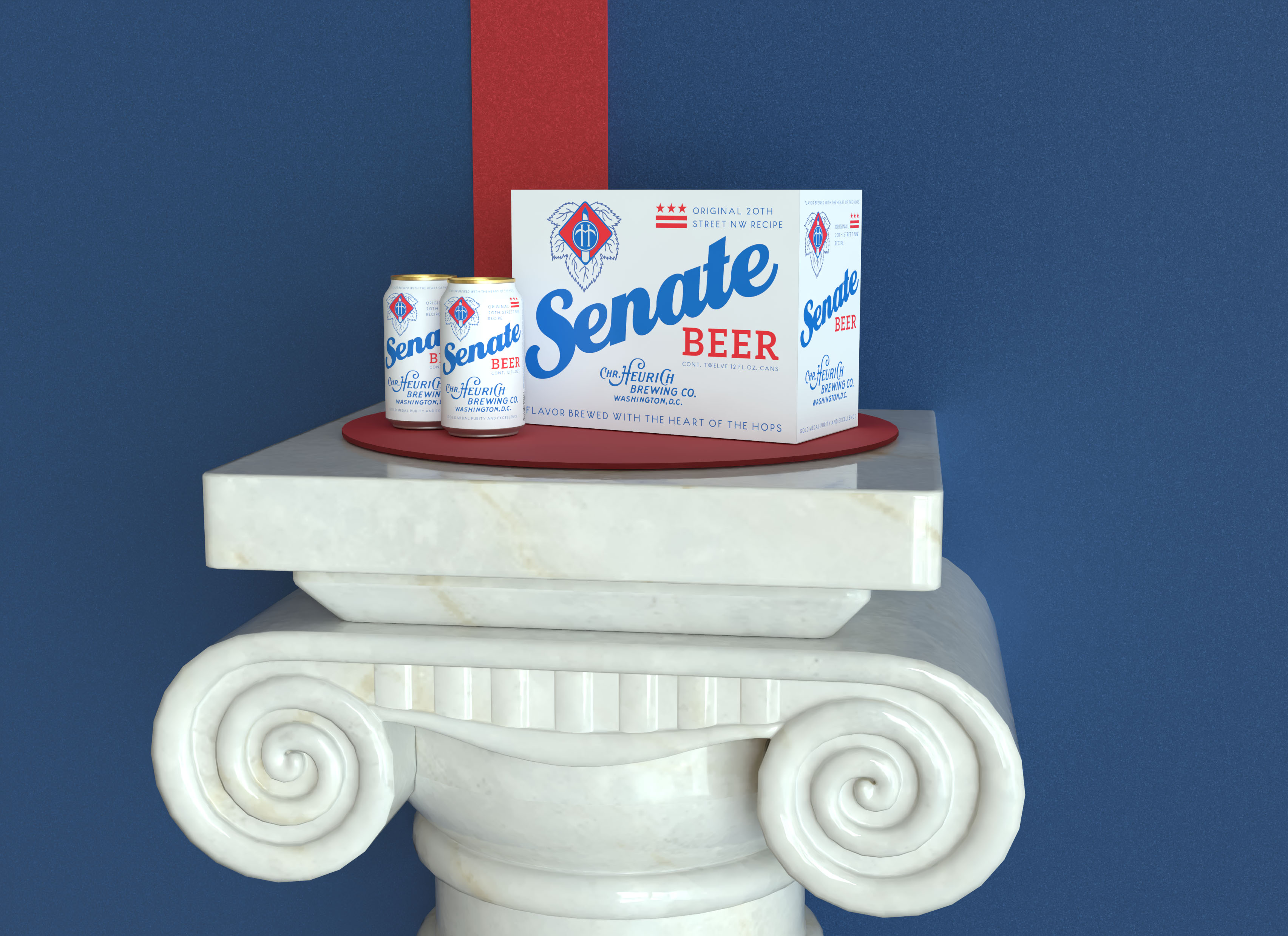 Senate Beer Cans and Boxes atop Marble Column