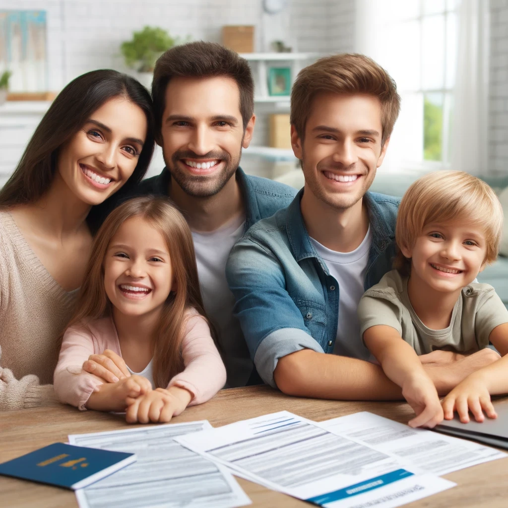 Happy family sitting together, looking relieved with immigration documents spread out on the table.