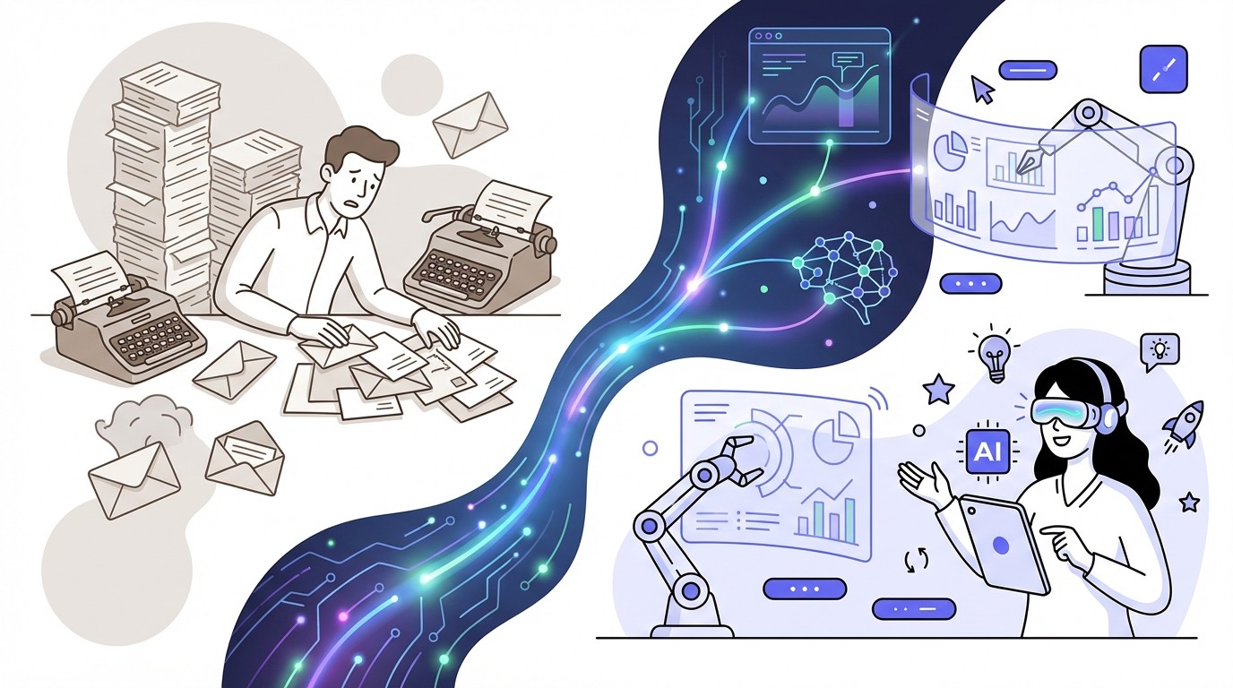 An illustration showing a clear transition from manual, paper-based outreach methods on the left, to modern, AI-driven digital outreach on the right, symbolizing the AI revolution.