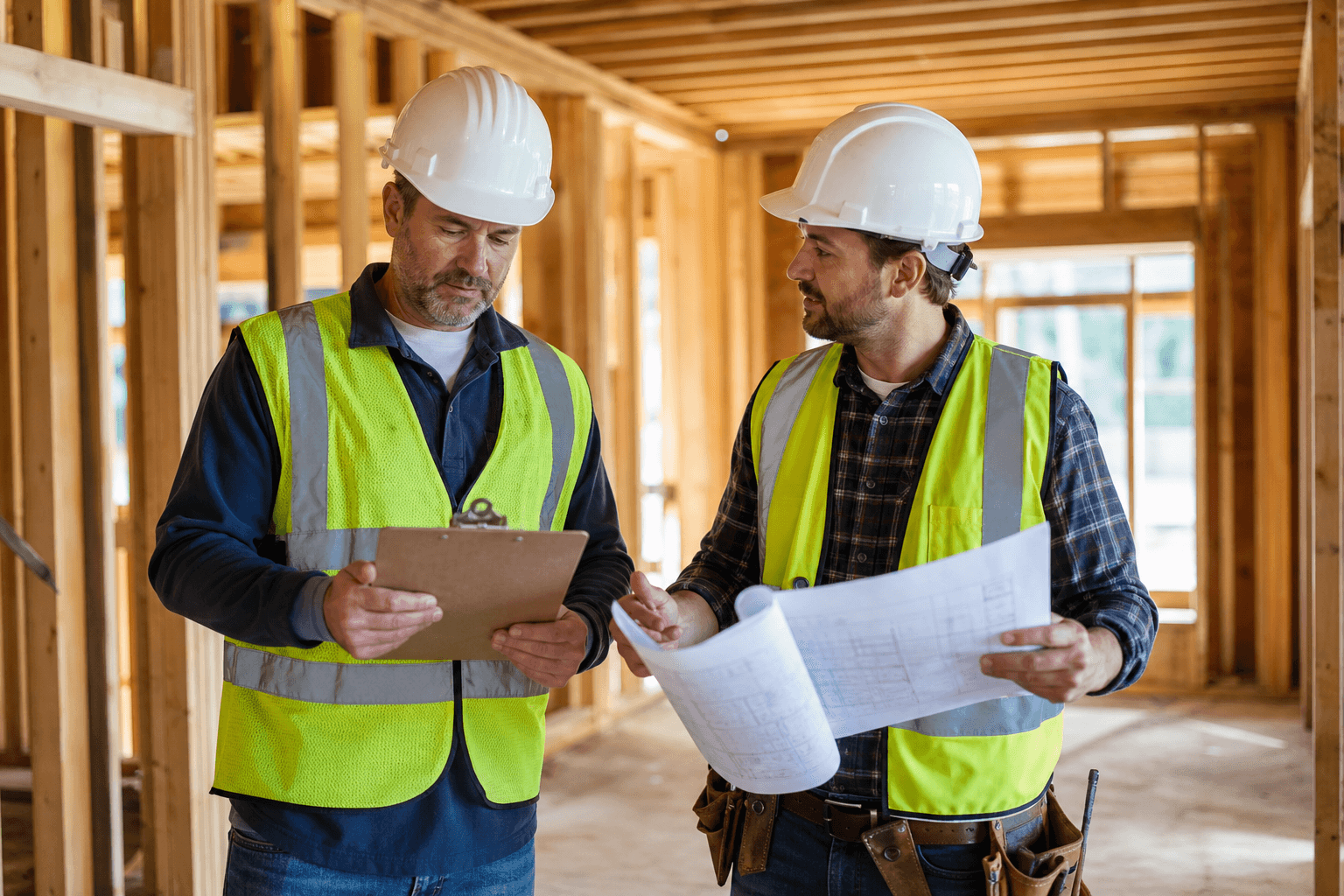 General contractor and subcontractor reviewing plans during field onboarding in a house under construction