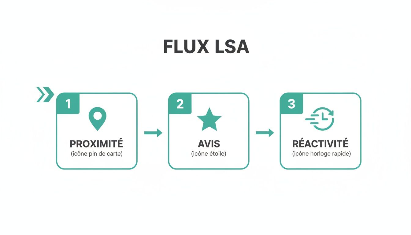 Diagramme illustrant le flux des annonces de services locaux Google (LSA) en trois étapes clés : proximité, avis et réactivité.