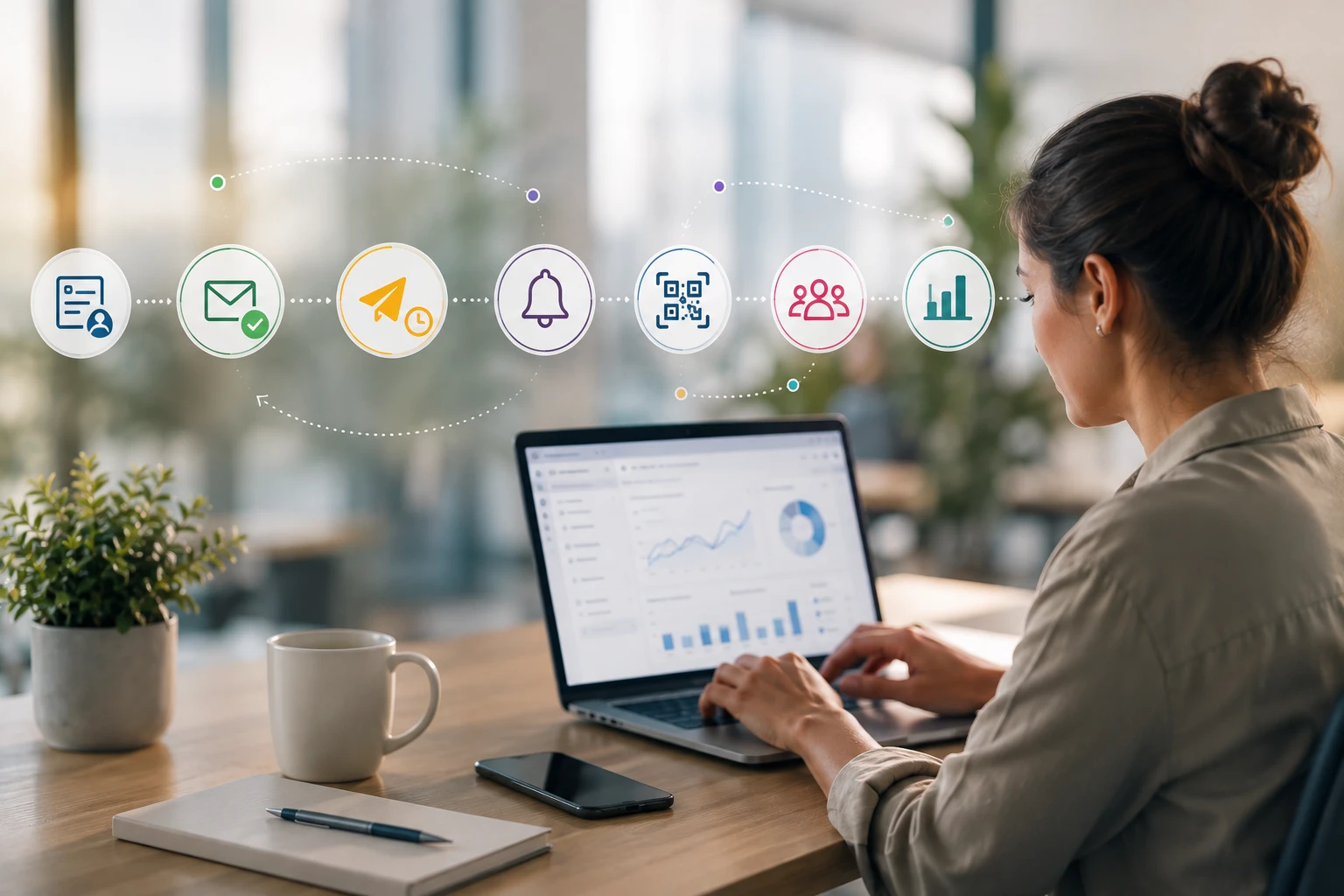 Woman working on a laptop displaying a data dashboard, with event automation icons (email, notification, QR code, reporting) overlaid on the image.