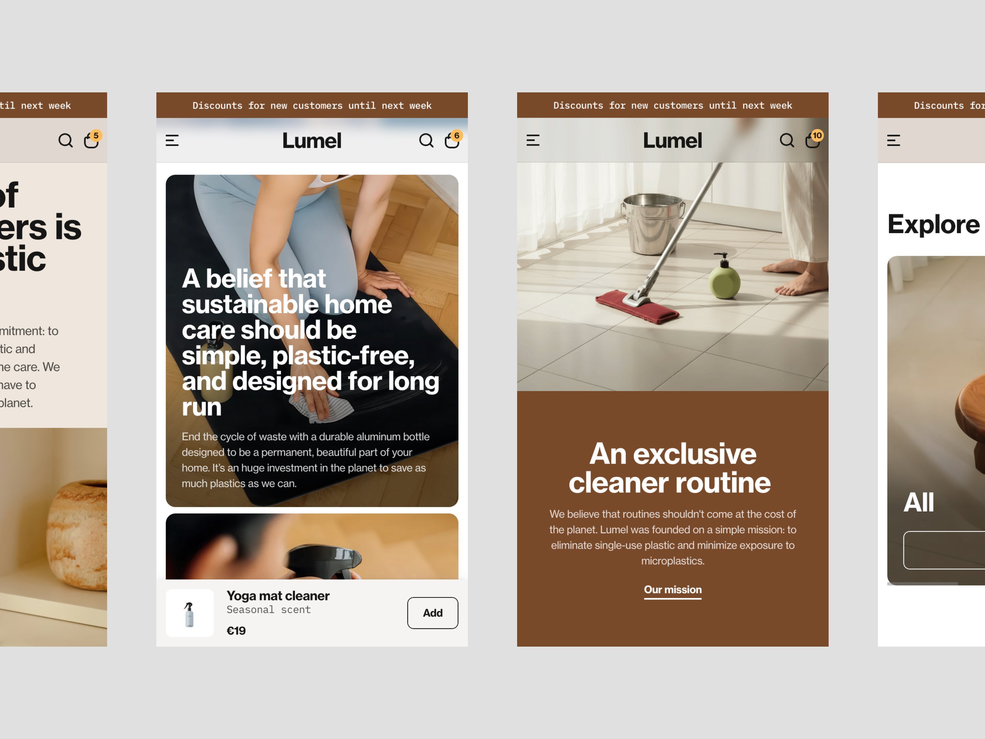 Mobile views of the Lumel website template showing an about page with sustainable home care mission statement, a product page for Yoga mat cleaner, an exclusive cleaner routine page, and an Explore category page