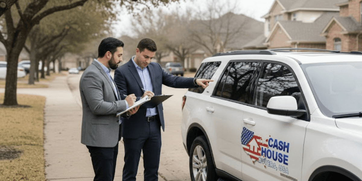 Two professionals reviewing documents near a branded vehicle, discussing home sales in Arlington, TX, for Cash House Buyers USA