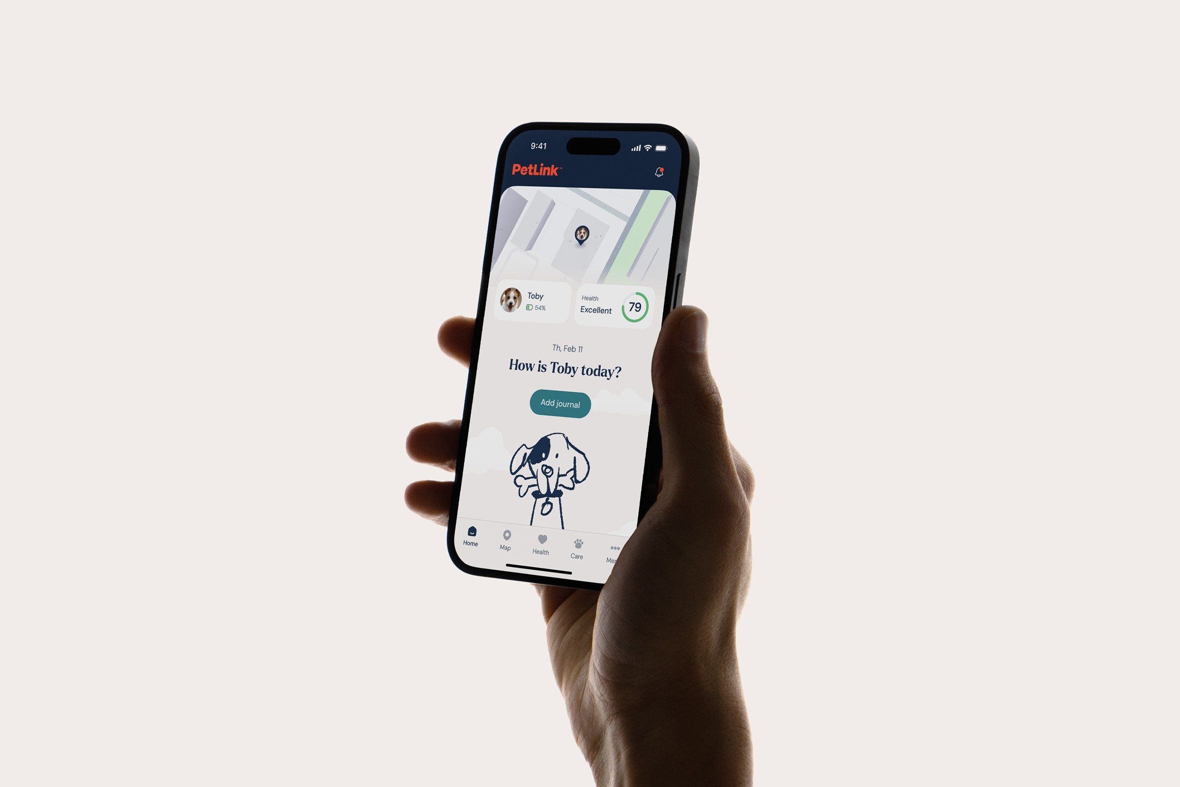 Hand holding a smartphone displaying the PetLink mobile app homepage