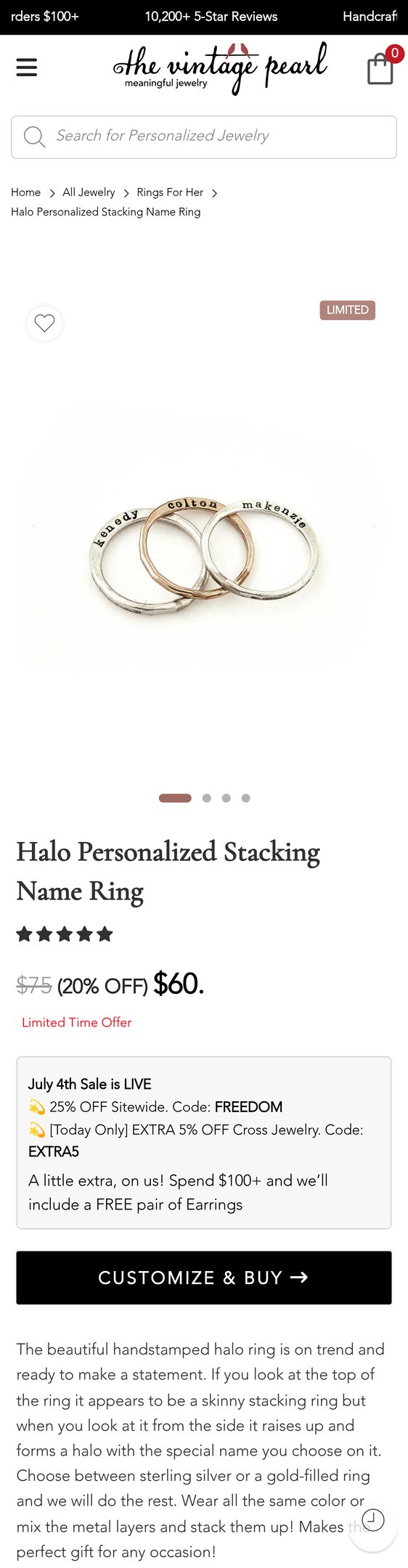 Jewelry product options include: ring for Halo Personalized Stacking Name Ring from The Vintage Pearl.
