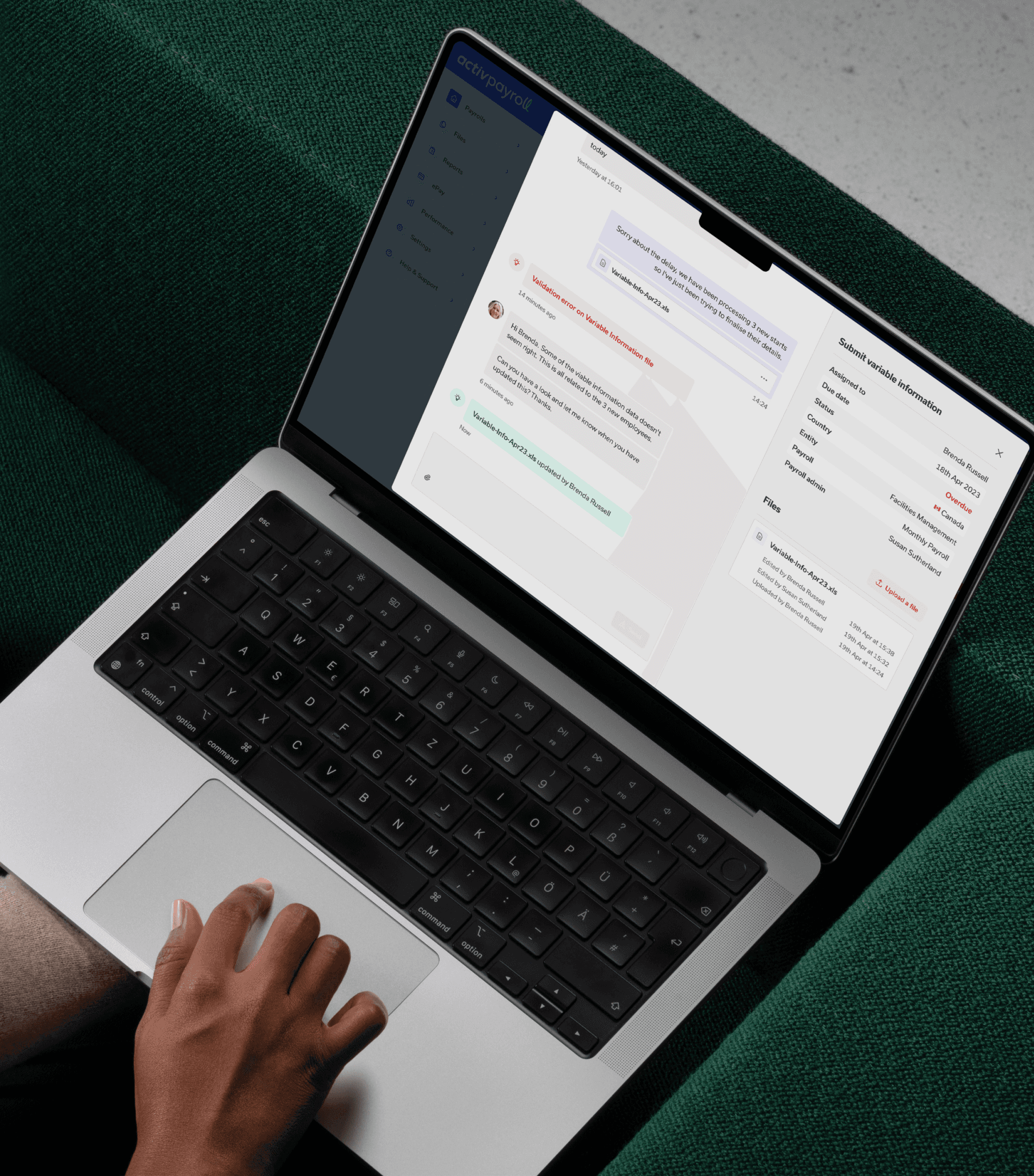 Overhead view of a laptop showing the ActivPayroll app’s messaging interface, featuring a conversation thread and task summary panel.