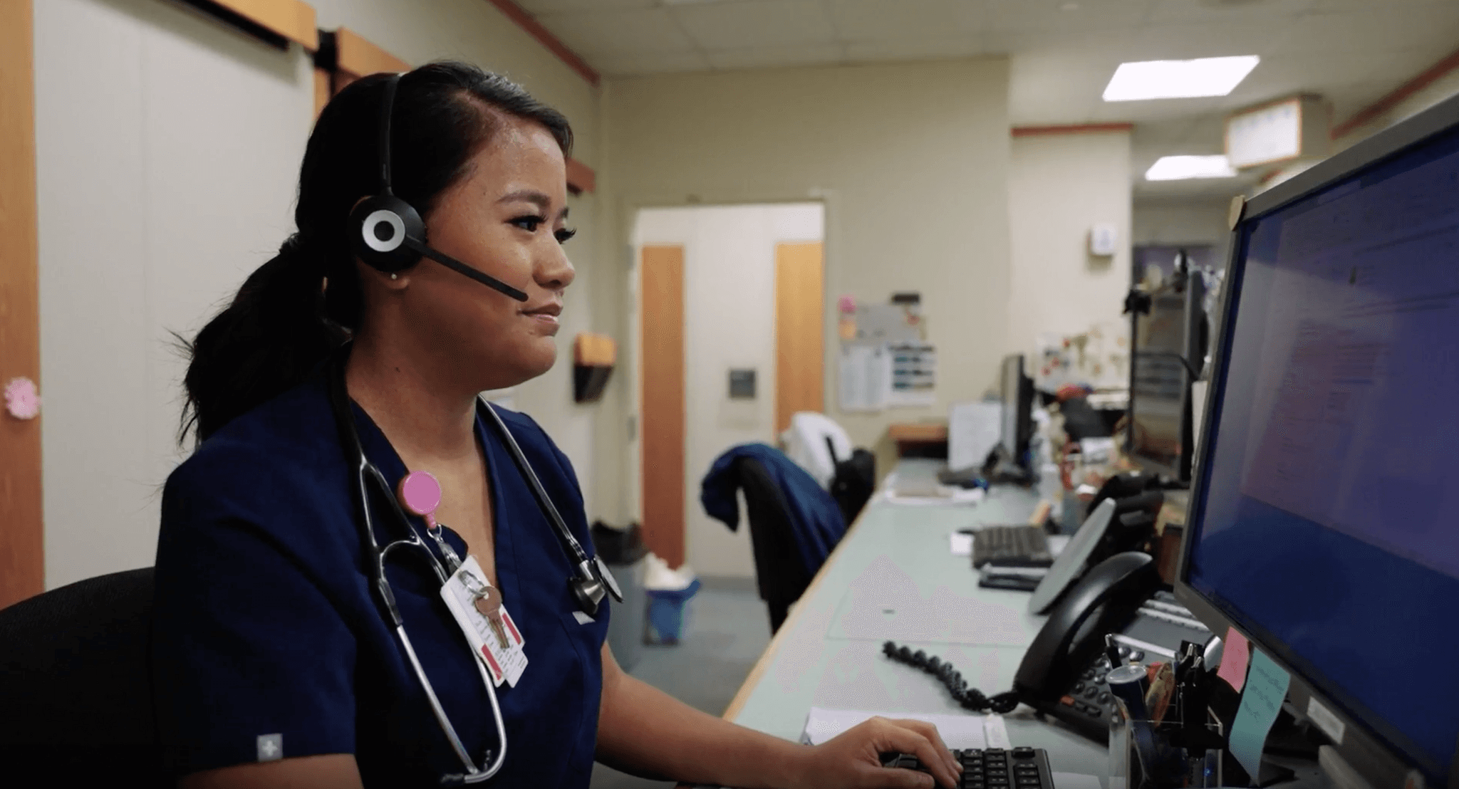 Call Center healthcare staff working on a comuter