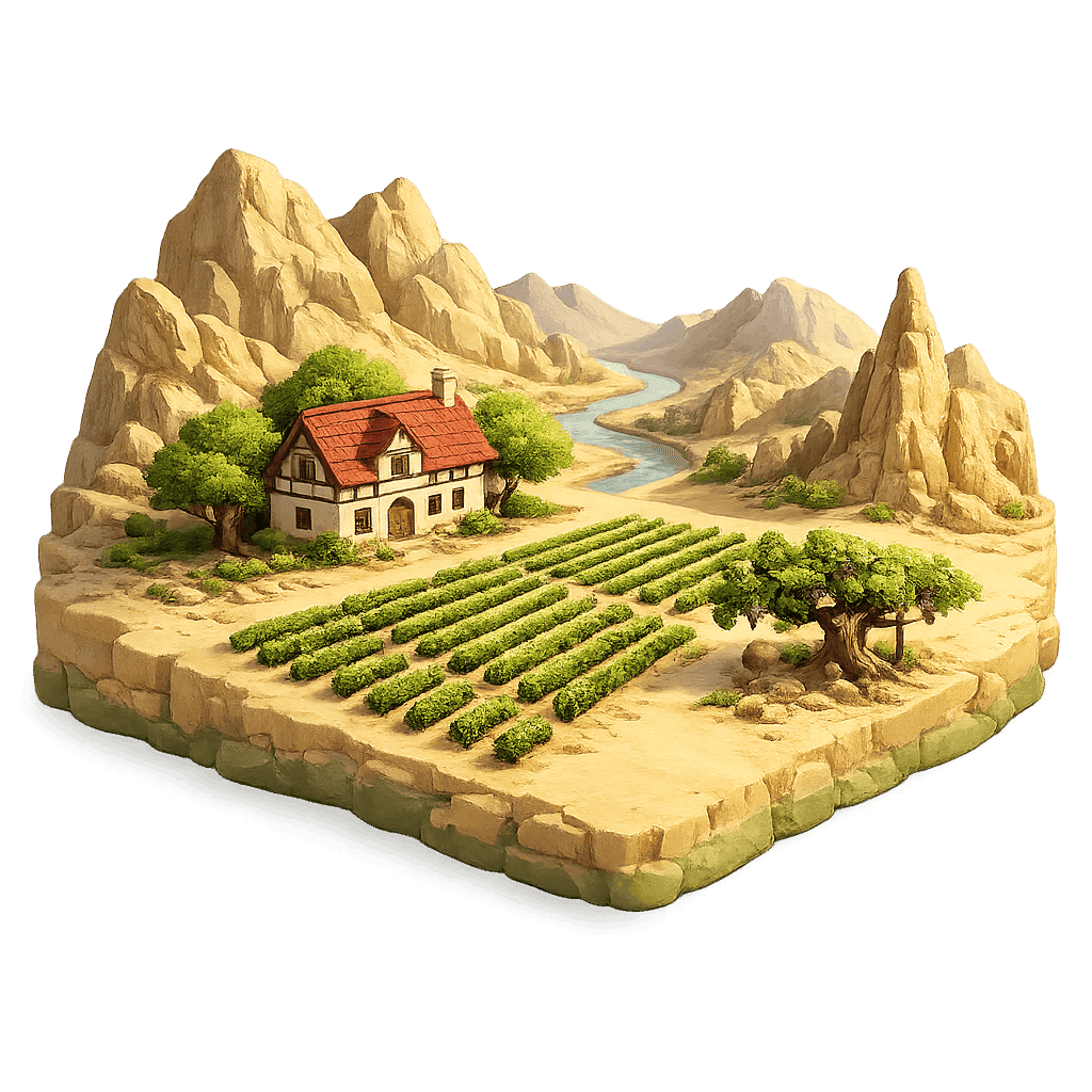 Artistic illustration of the Struma River Valley wine region.