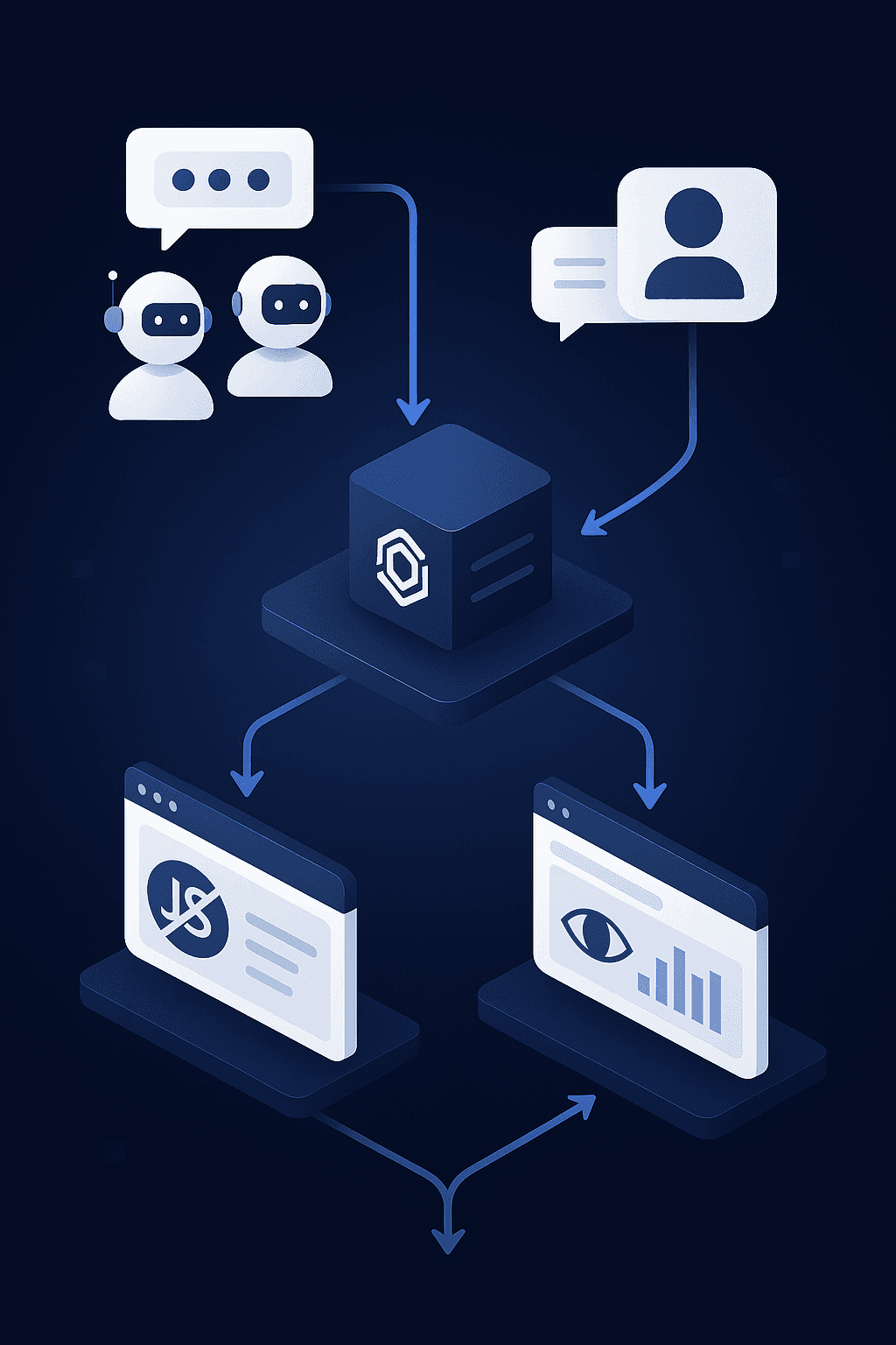 Layered diagram showing AI bots and chat referrals bypassing client-side analytics and impacting CMS tracking accuracy