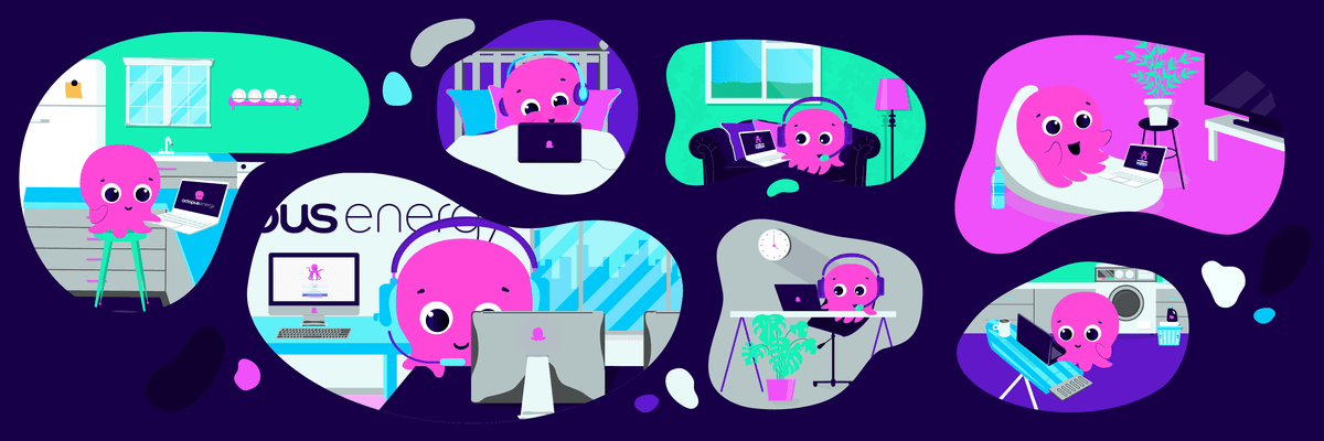 banner image of animated pink octopi at home, at the office, etc. 