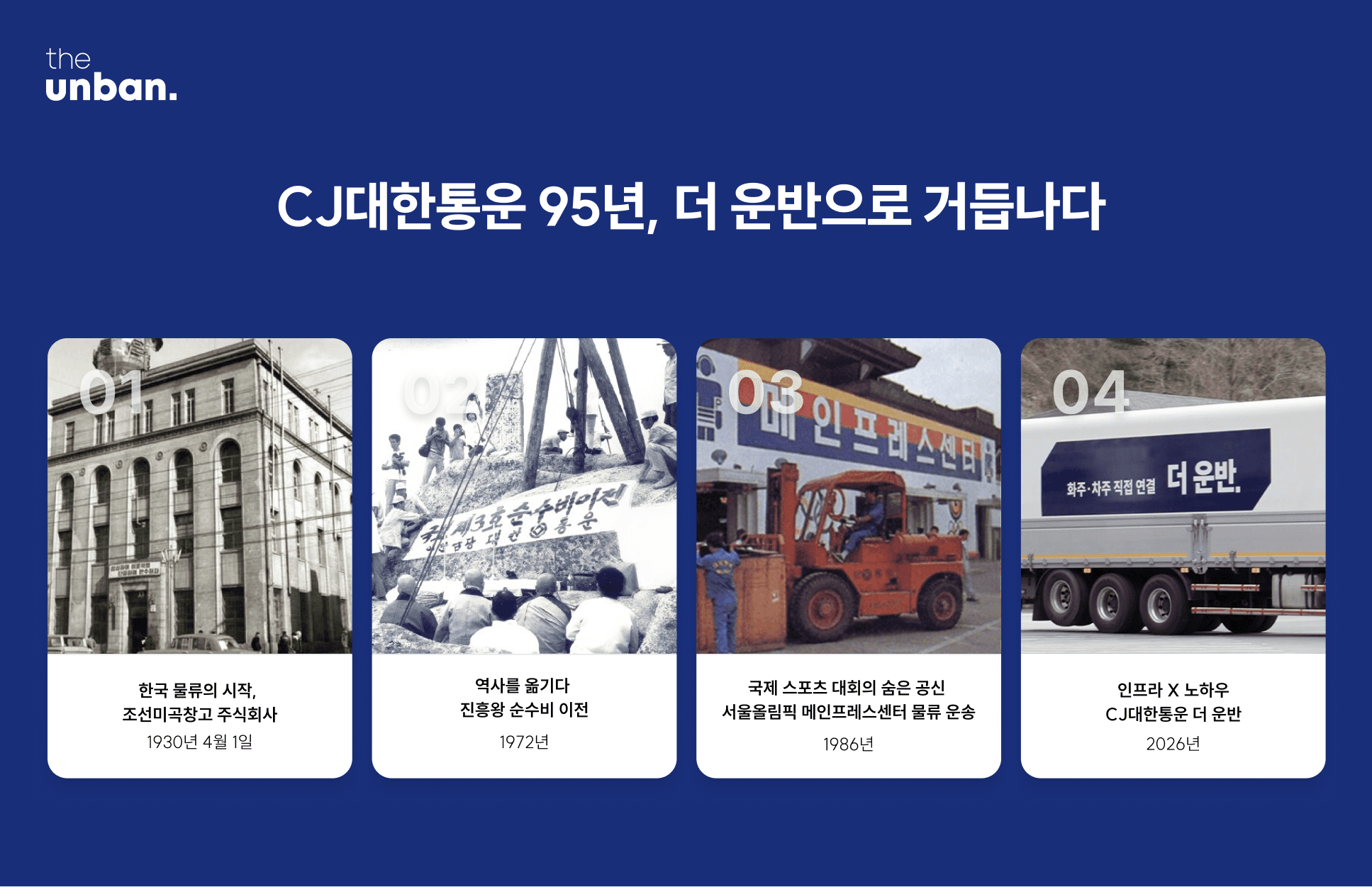 조선미창이 CJ대한통운이 되기까지 95년, 대한민국 물류 역사에는 언제나 CJ대한통운이 있었다. 이제 CJ대한통운 미들마일 운송은 더 운반으로 거듭난다. 