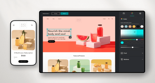 Een tablet en smartphone tonen een levendige website met verschillende producten en een kleurrijke lay-out.