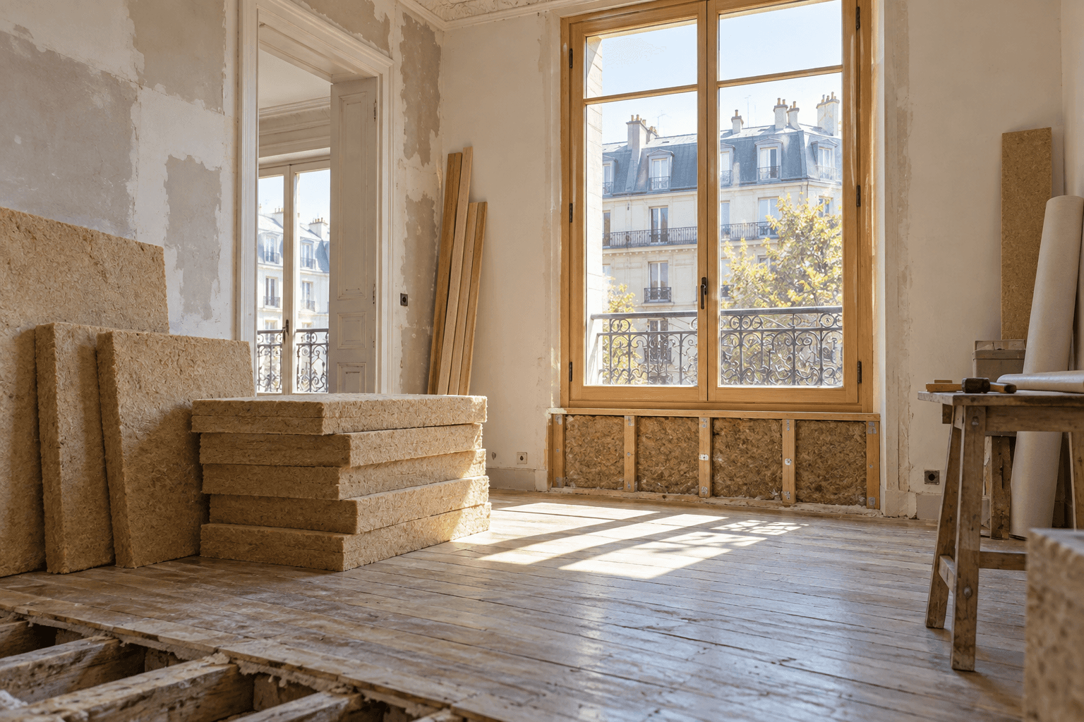 Appartement en rénovation avec panneaux isolants et menuiserie en bois