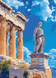 Digital illustration of the ancient Parthenon with a standing statue of Athena, symbolizing Story Inventory's capability to share your product's narrative in Greek, connecting with audiences in their own language