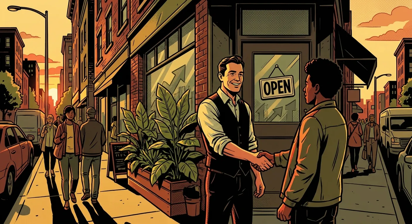 Man greets another outside RockN' Socials, a digital marketing agency.