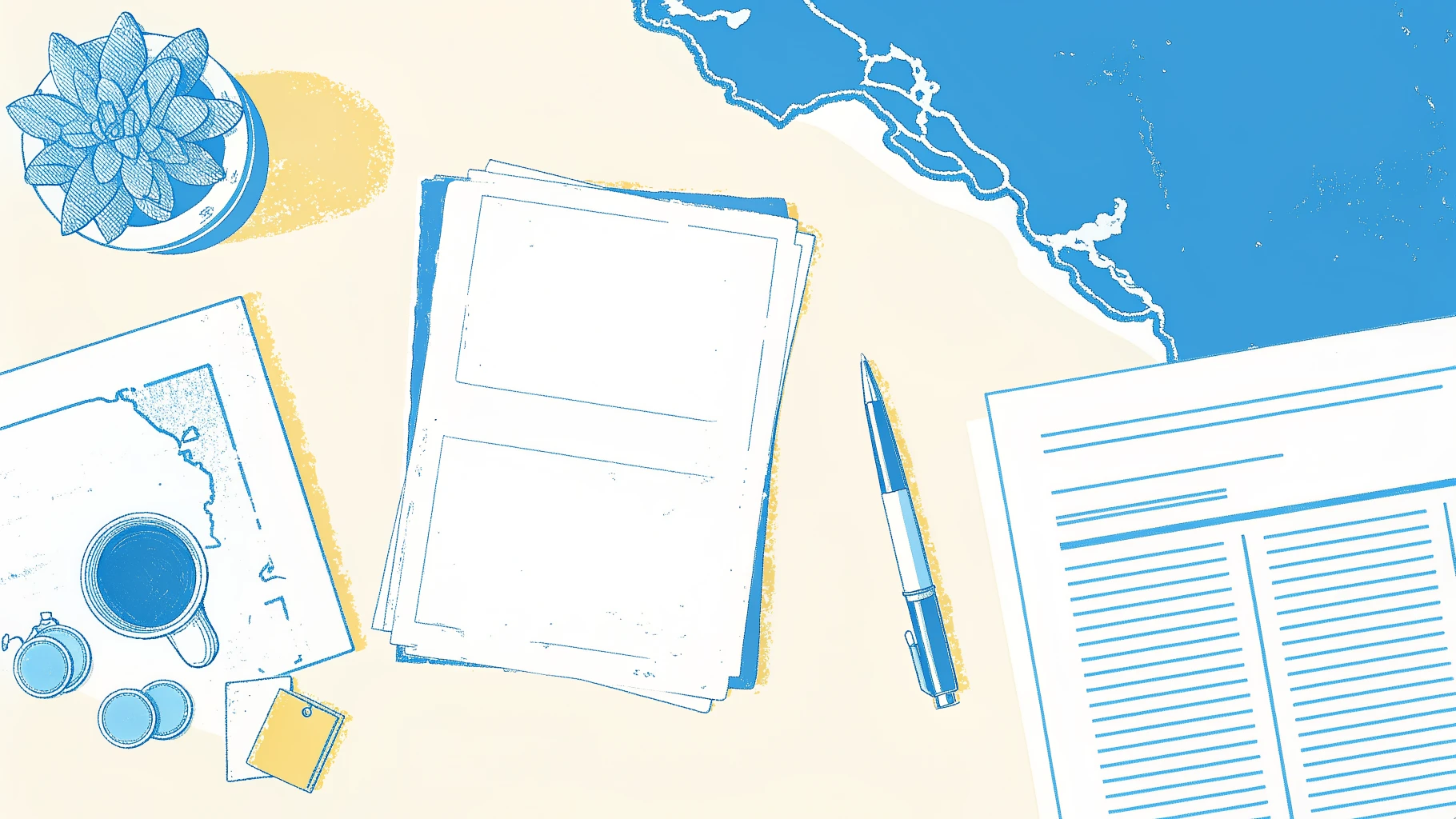 Florida map silhouette beside a registration form, folded newspaper, and rubber stamp on a tidy desk
