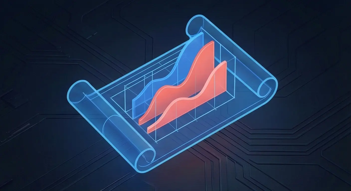 3D holographic chart and scroll icon, symbolizing high-fidelity UI design for investor pitch decks and fundraising presentations