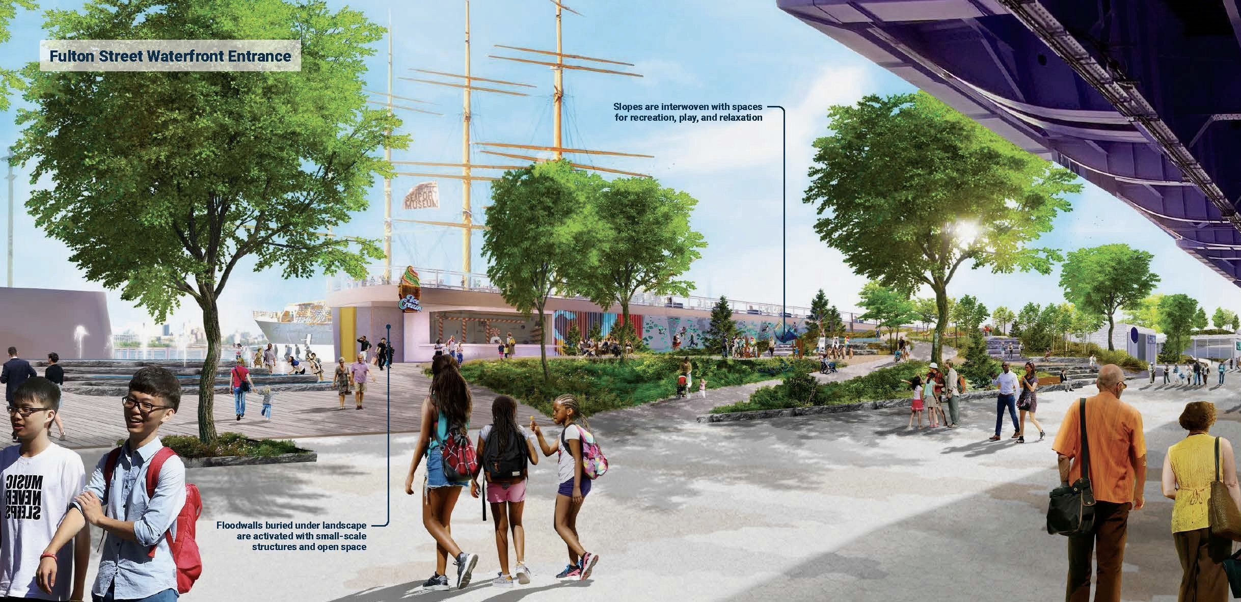 An illustration of what the Fulton Street waterfront entrance could look like