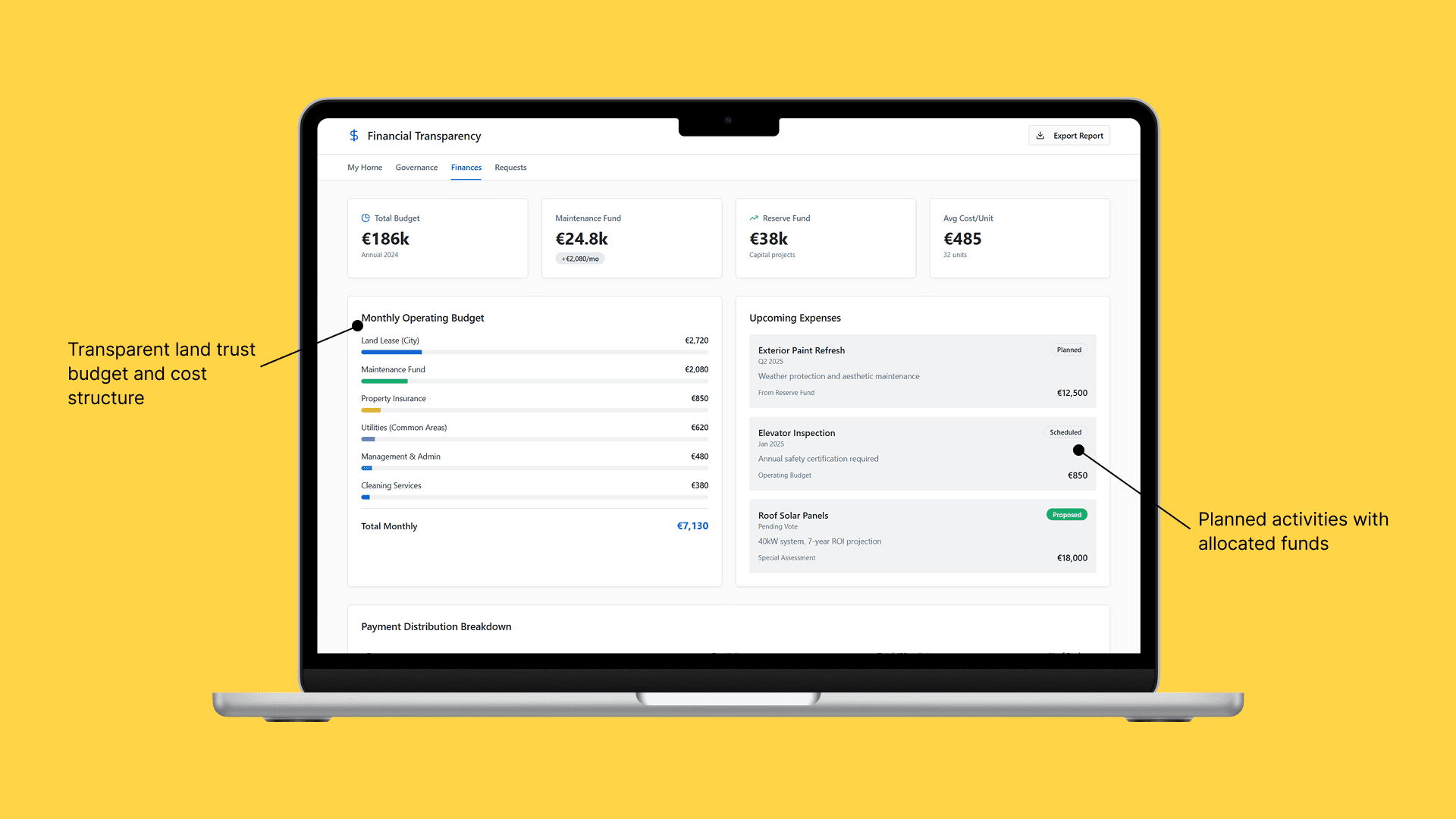 The ELT digital stewardship platform gives residents full visibility into land trust finances, upcoming expenses, and governance decisions, built and prototyped using Lovable.