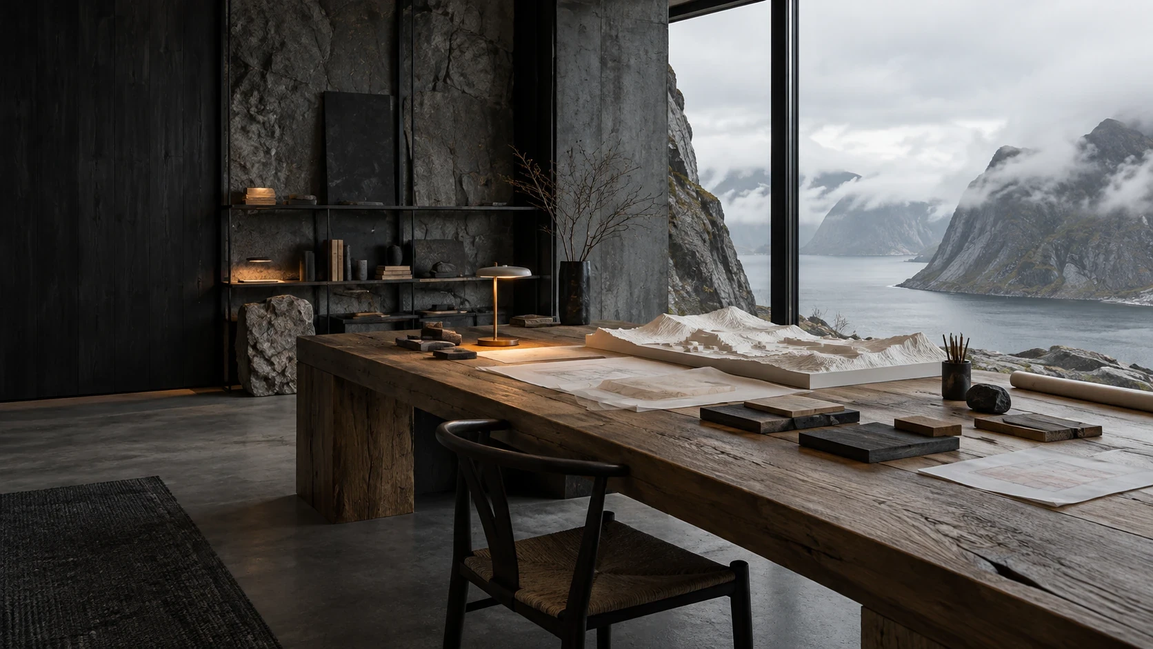 Concept visualisation of a basalt and timber architecture atelier overlooking a Norwegian fjord