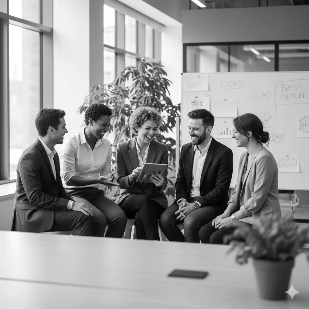 A relaxed conversation between the team and their manager.