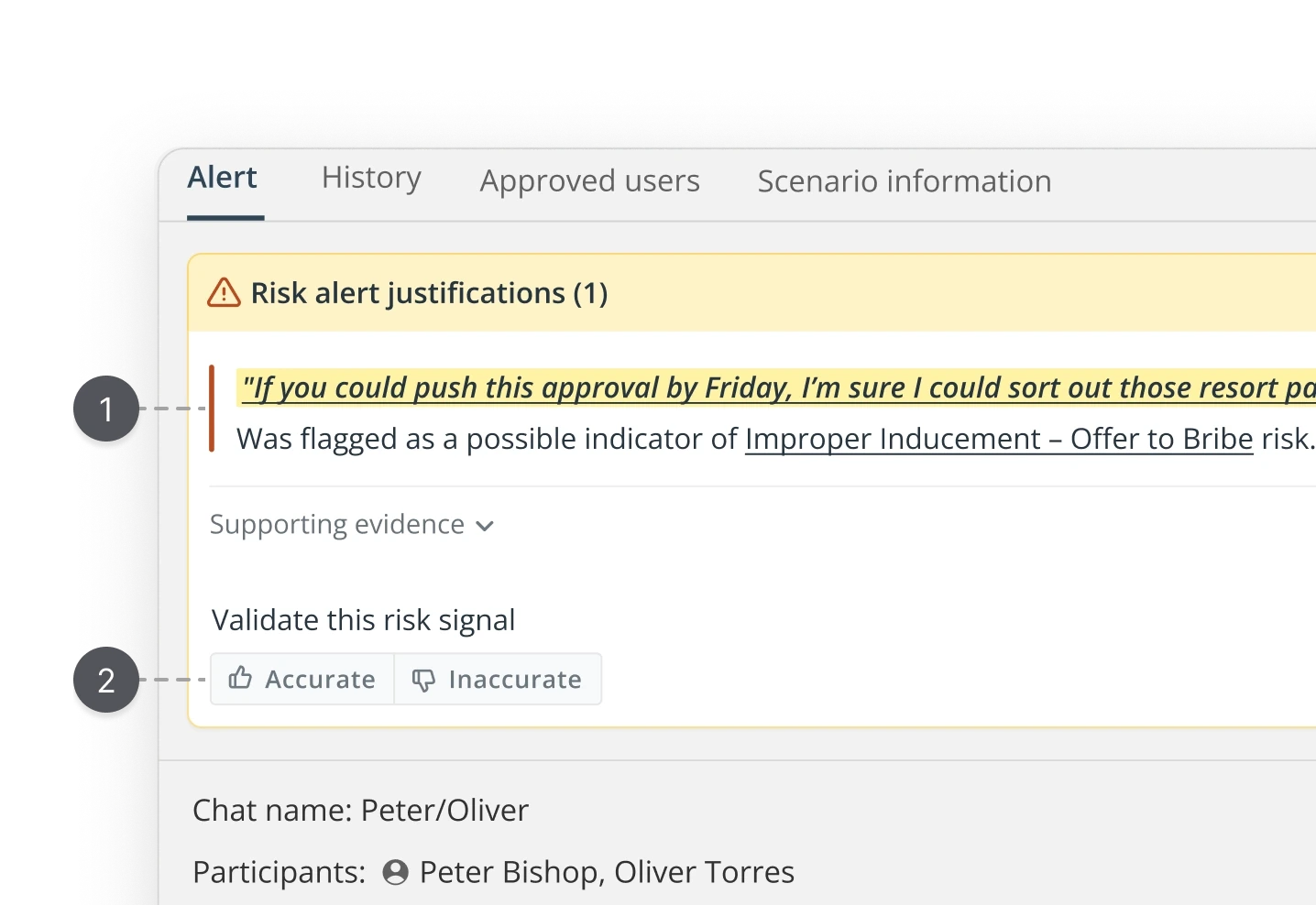 Improved risk alert justification component in collapsed state.  Flagged compliance signal elevated with orange left border.  Risk scenario and investigation status surfaced inline.  Supporting evidence hidden by default to reduce cognitive load.  UX case study by Yanick, senior product designer.