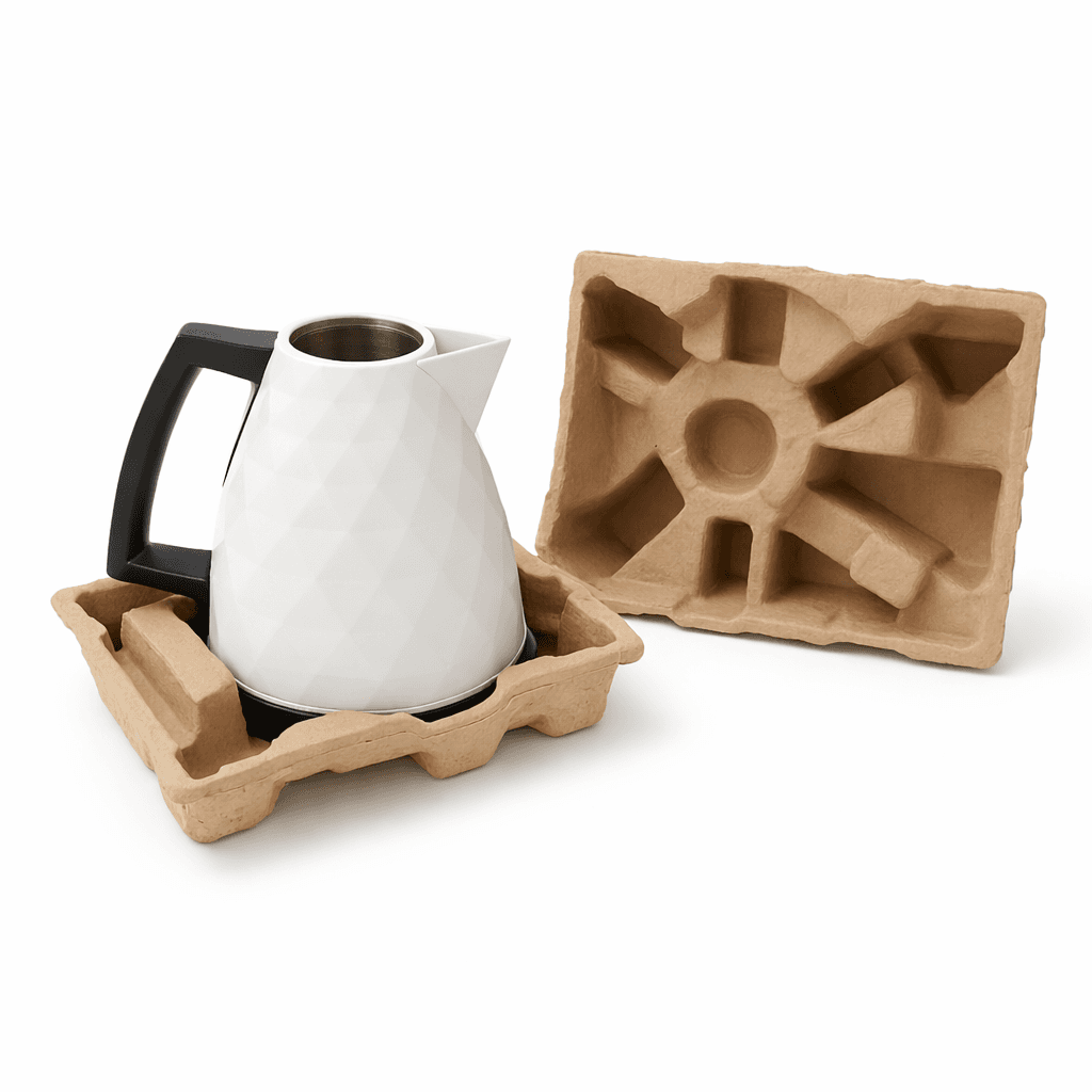 Molded fiber protective packaging insert made from recycled paper, securing an electric kettle, showcasing plastic-free, recyclable cushioning for sustainable appliance packaging.