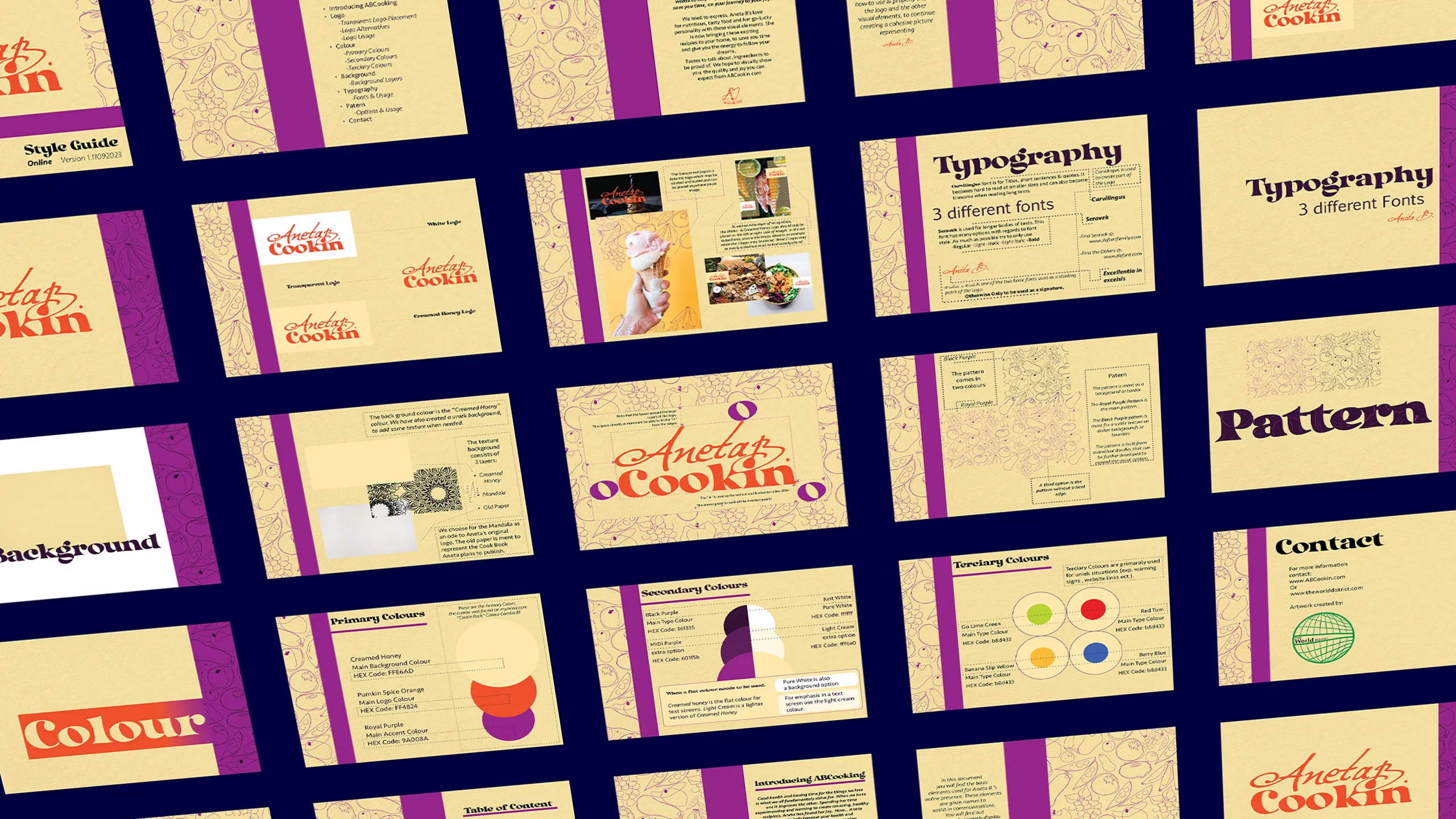 Aneta B. Cookin brand style guide overview, selected pages showing logo, typography, colour palette, patterns and background system, designed by The World District.