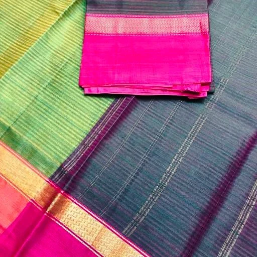 Olive Green Striped Silk Saree With Thick Zari Pink Border