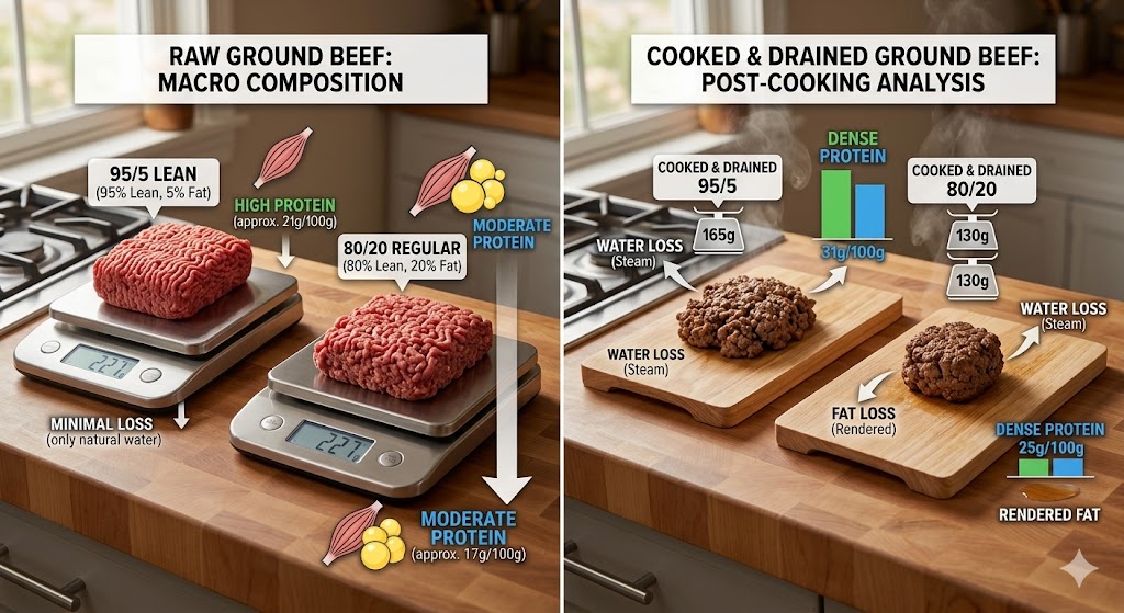 A detailed split-screen food science illustration comparing 95/5 lean and 80/20 regular ground beef. The left side shows raw portions with nutritional indicators, and the right side shows cooked, drained portions demonstrating water and fat loss, with bar graphs highlighting the denser protein content after cooking.