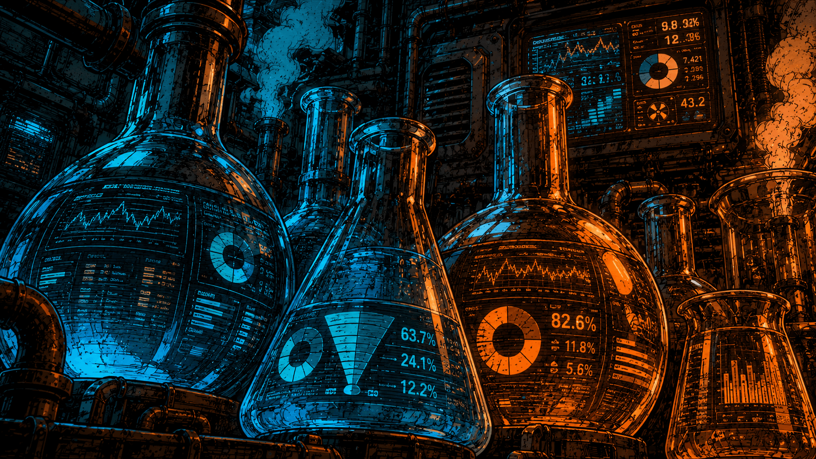 Chemistry beakers with marketing dashboards in the reflection of the glass