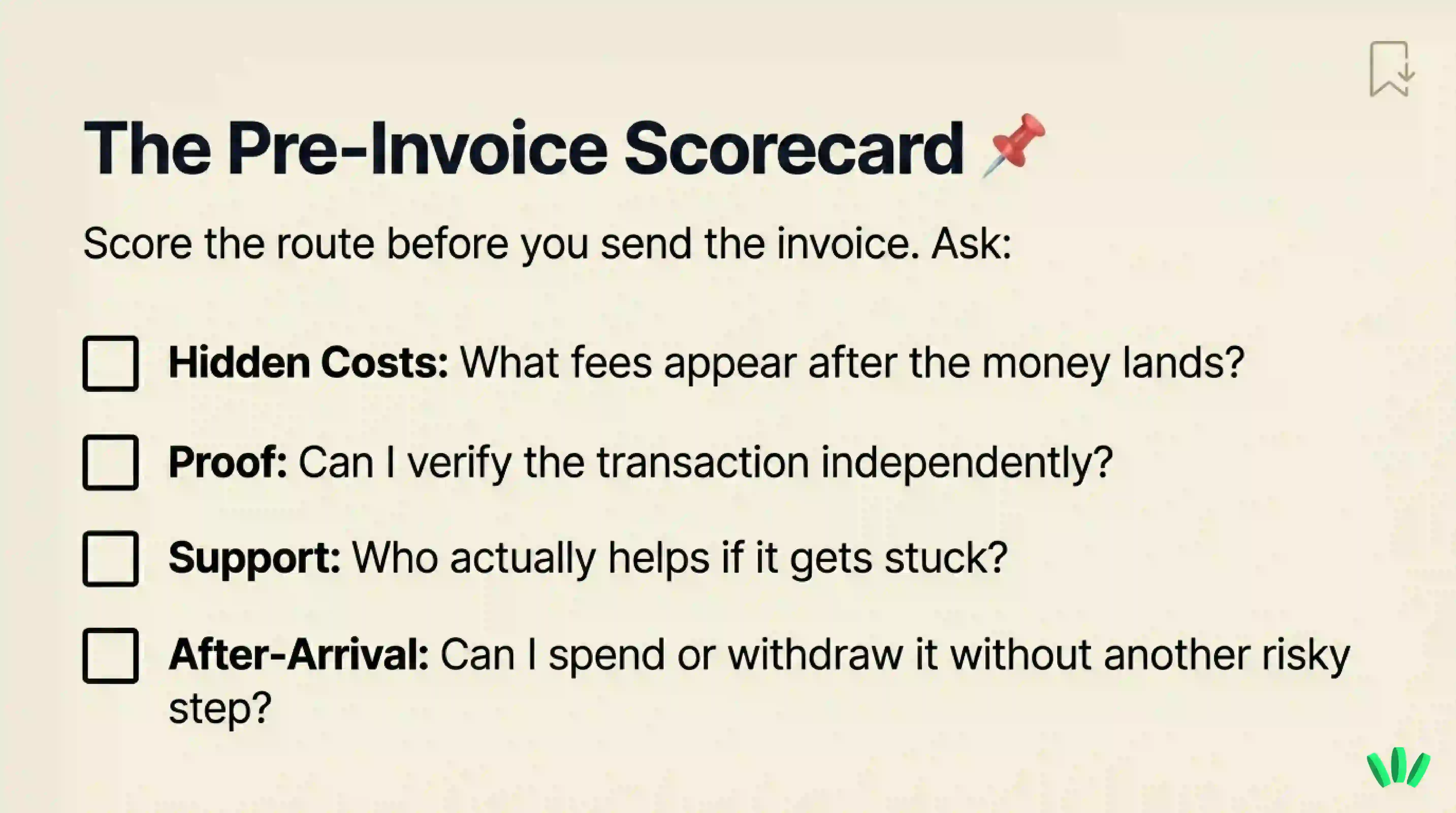 A pre-invoice checklist asking freelancers to check hidden costs, payment proof, support path, and after-arrival usability before choosing a payment route.