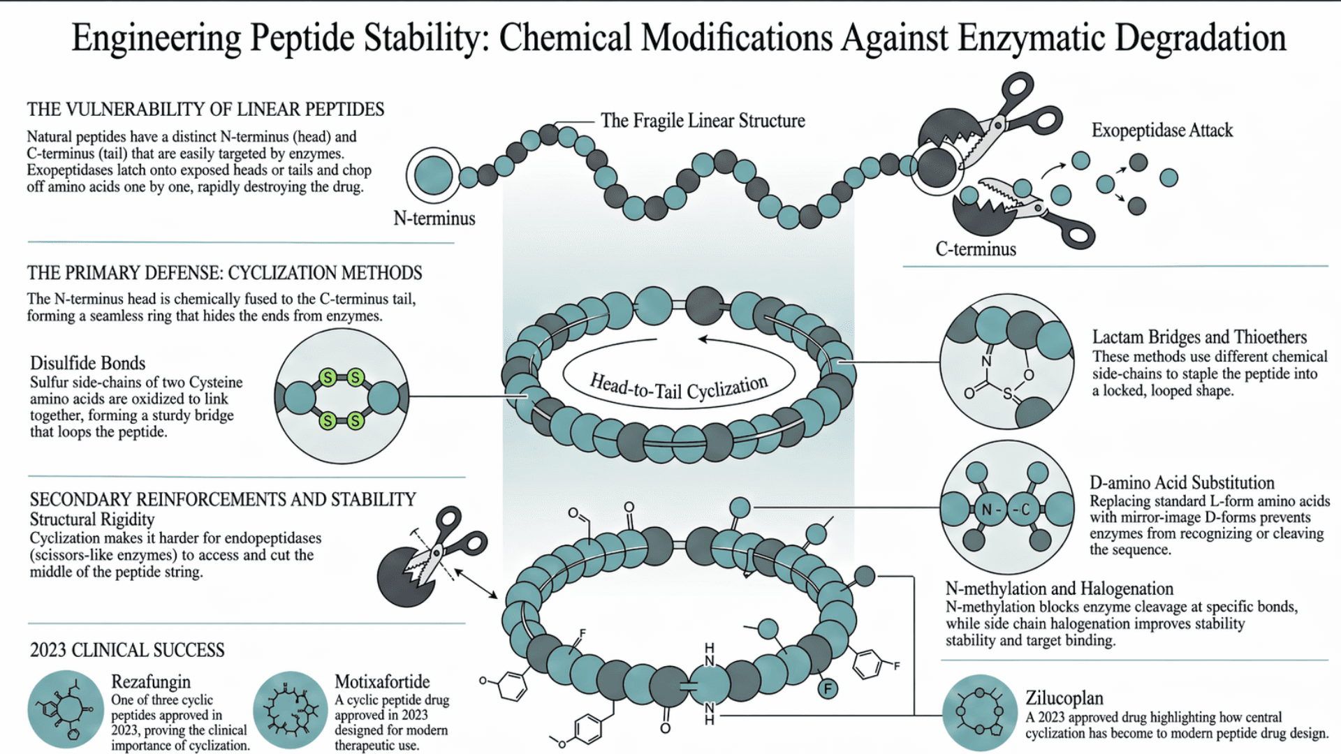 Engineering peptide stabaility, chemical modifications against enzymatic degradation