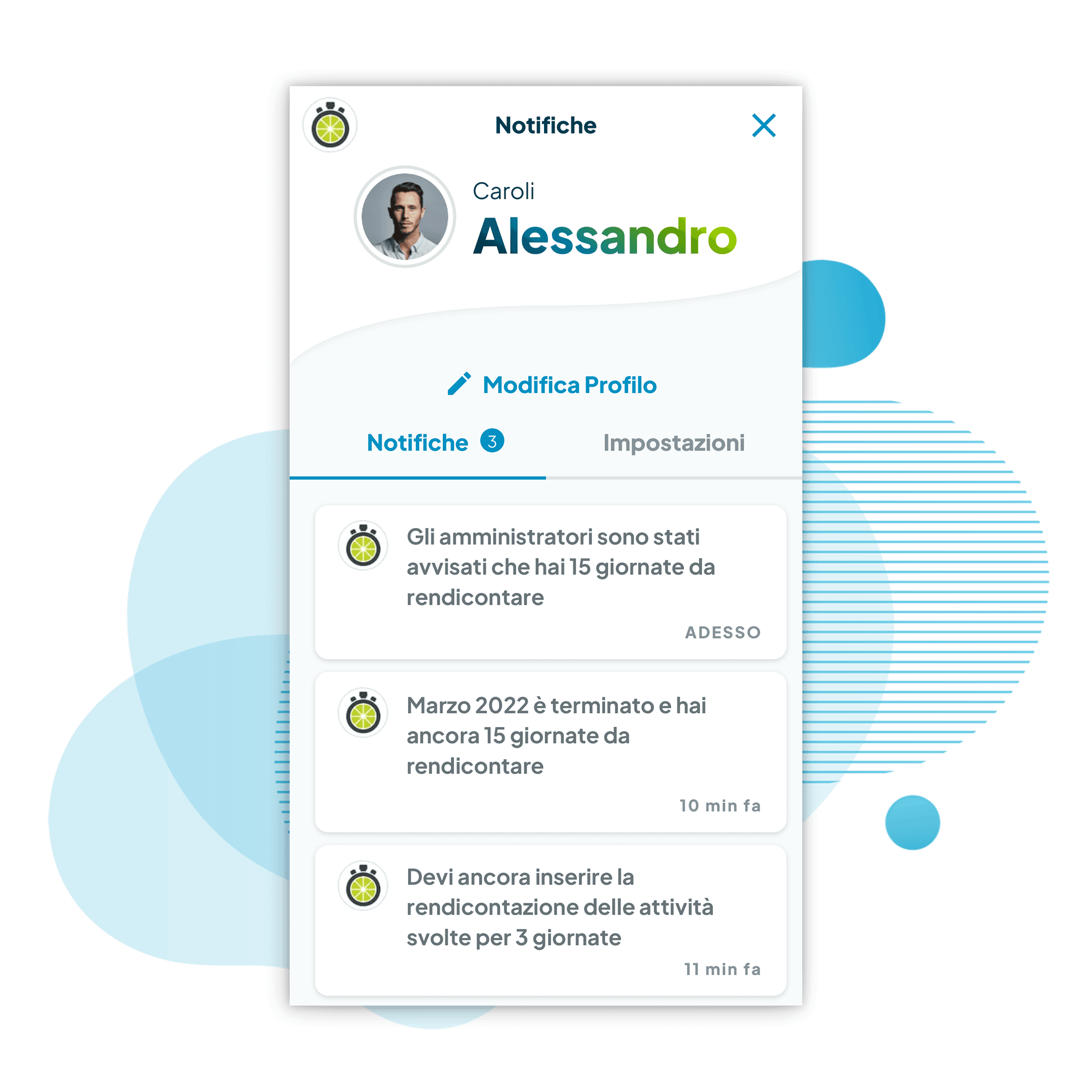 Schermata di riepilogo di Fluida con i promemoria e le notifiche non lette