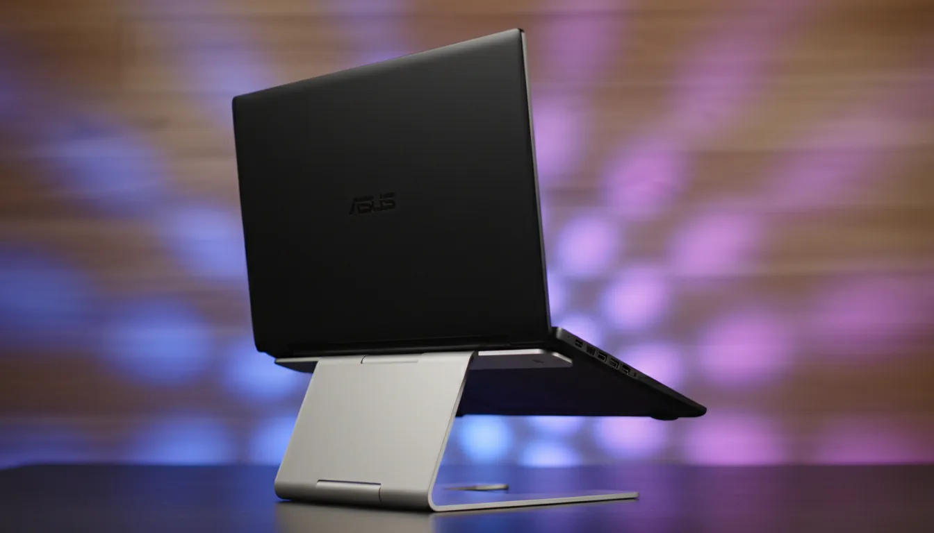 DSLR photography of a matte black ProArt laptop on a silver brushed aluminum angled stand, viewed from a three-quarter rear angle. Soft studio lighting highlights the laptop, while a vibrant blue and purple LED backlight illuminates a light-colored wood-textured wall in the background. The laptop and stand are in sharp focus, with a shallow depth of field creating a soft bokeh effect on the background elements.