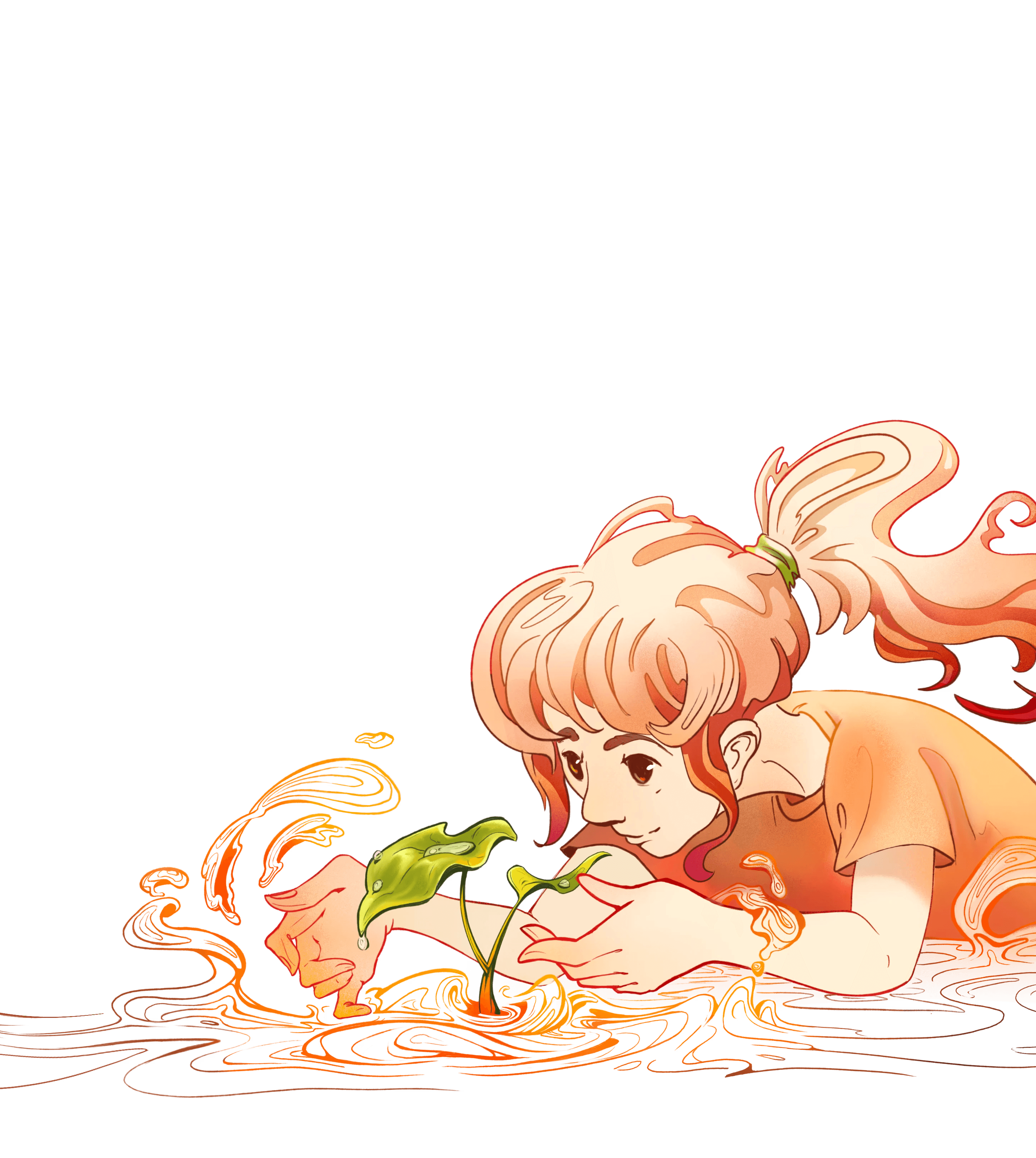 Junge Frau, die sich um eine wachsende junge Pflanze kümmert und ihre Hände danach behutsam ausstreckt