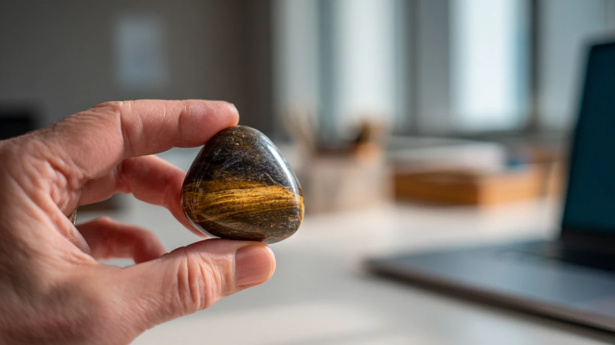 Hand holding tiger's eye stone at desk during work
