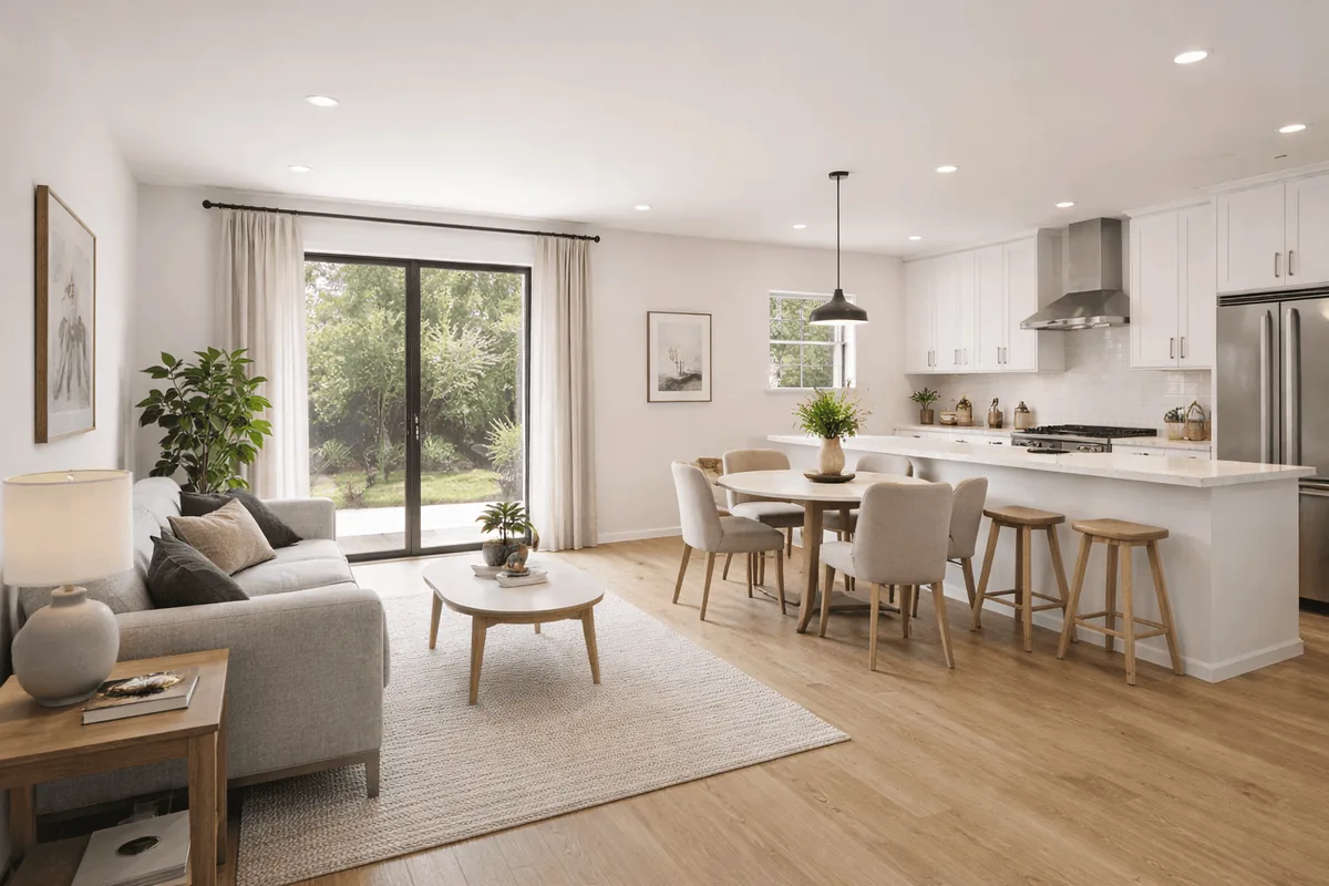 A bright, modern living area featuring a sofa, dining table, and large windows with greenery outside.