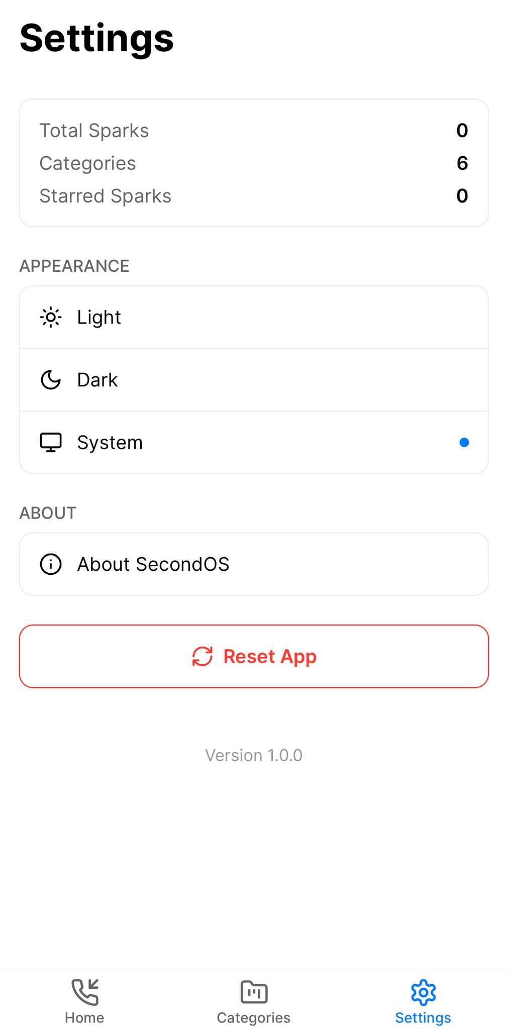 SecondOS UI showcasing settings