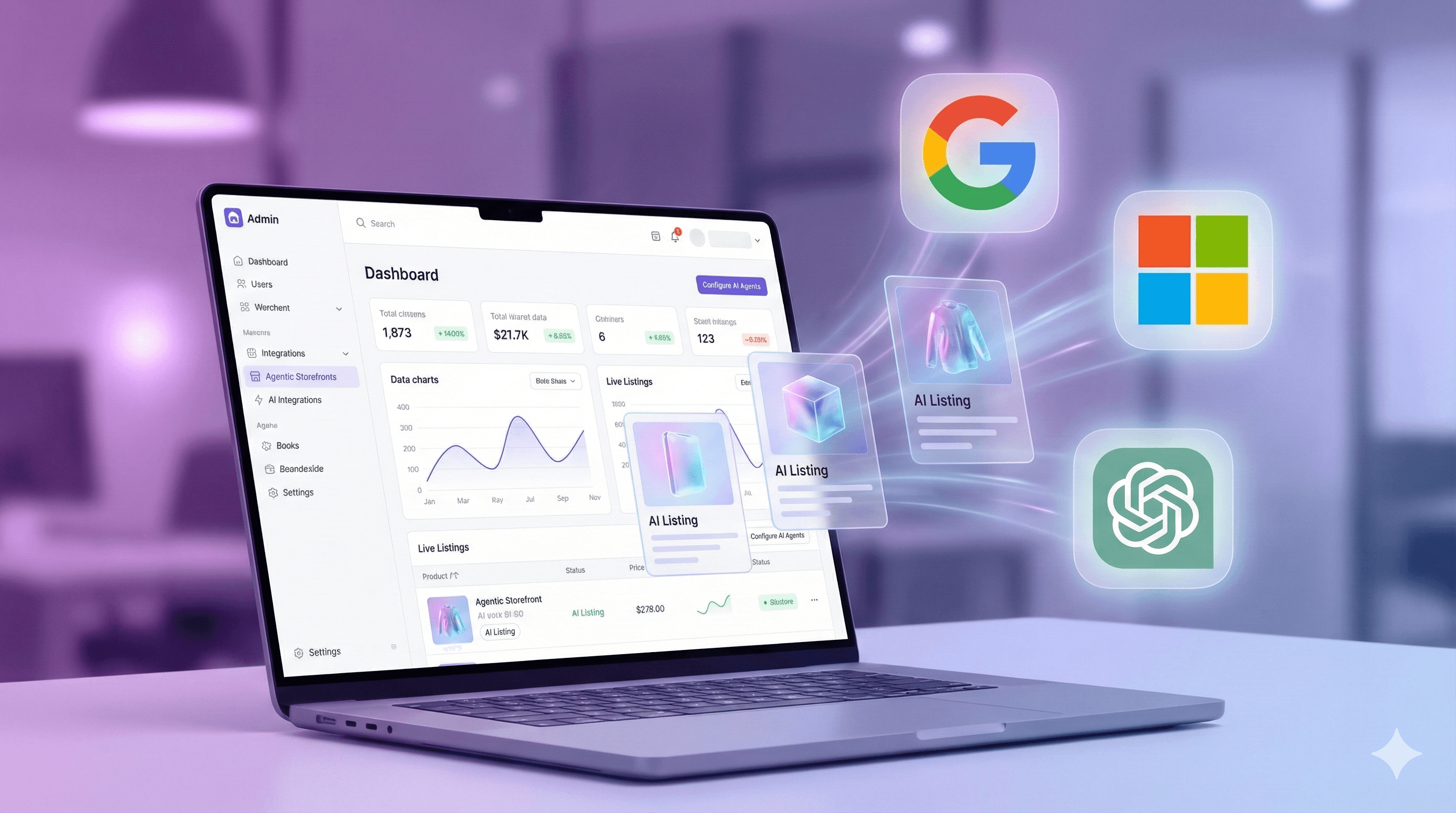 Laptop showing an "Agentic Storefronts" dashboard, with floating icons for Google, Microsoft, ChatGPT, and product listings.