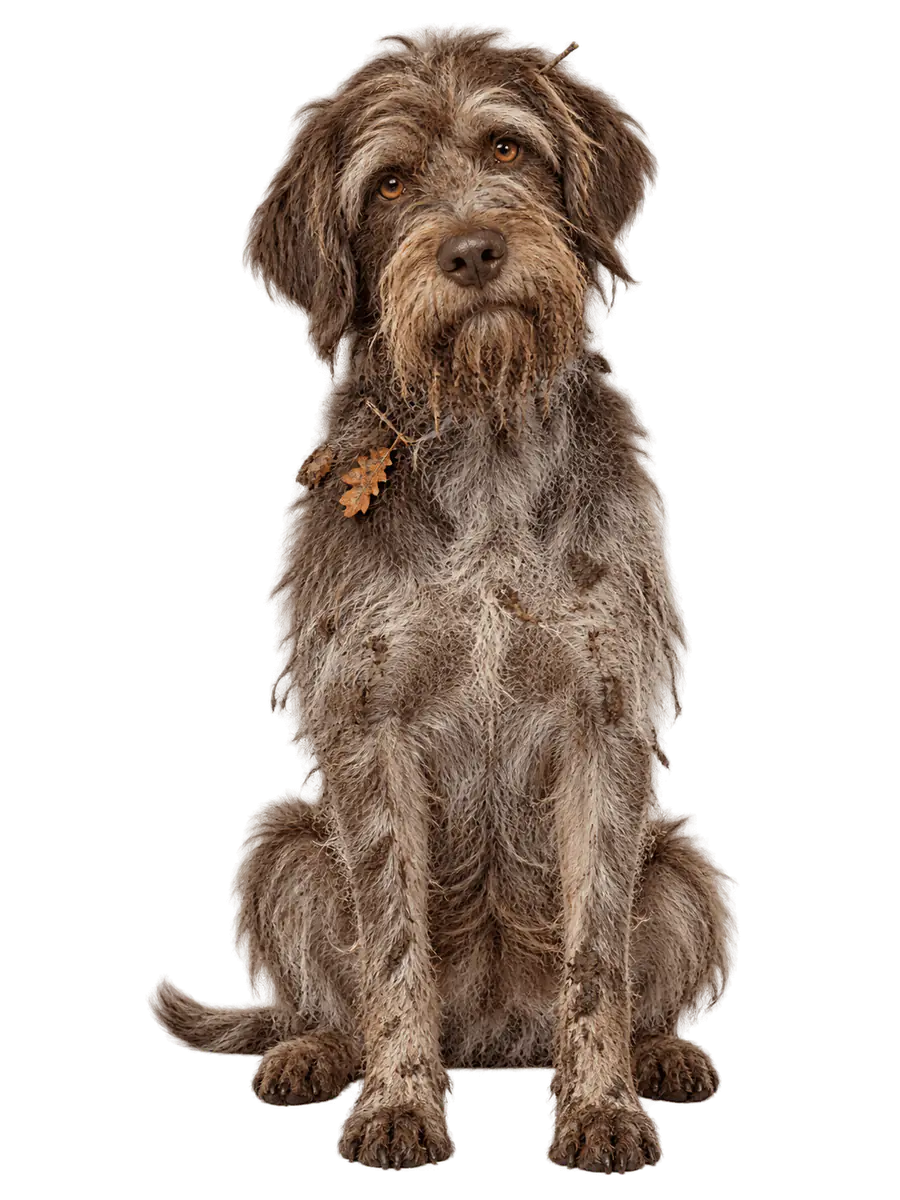 Chien griffon aux poils sales et emmêlés, photographié façon fiche de police