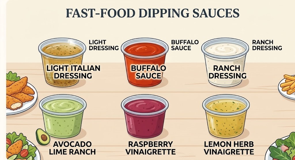 A illustrated menu or guide showing a diverse selection of fast-food dipping sauces. Included are creamy options like Ranch Dressing and Avocado Lime Ranch, zesty sauces like Buffalo and Light Italian, and sweet/tangy dressings like Raspberry Vinaigrette and Lemon Herb Vinaigrette. The image highlights common food pairings like chicken, fries, and salads.