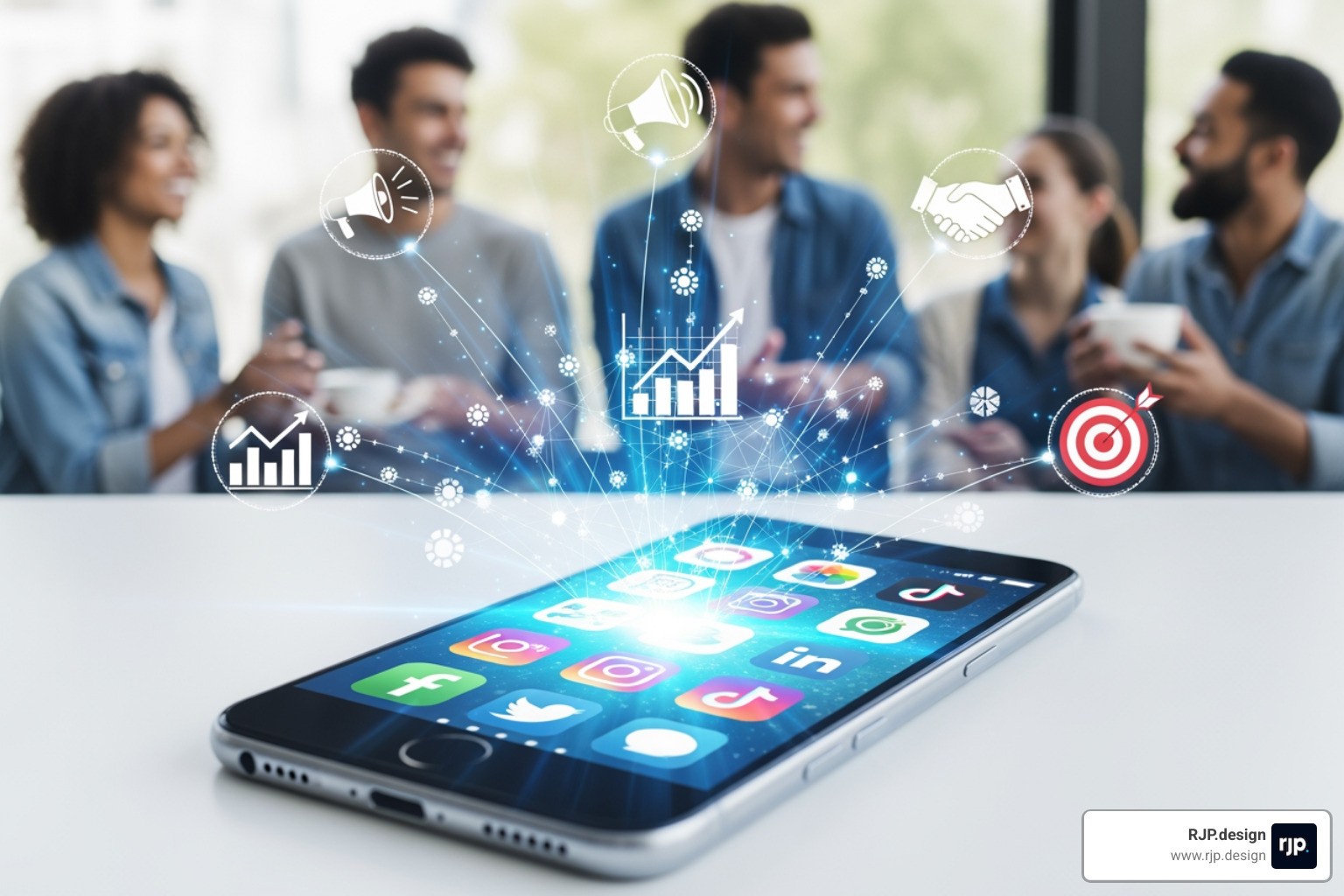 marketing team collaborating around a whiteboard with social media icons - How to leverage social media