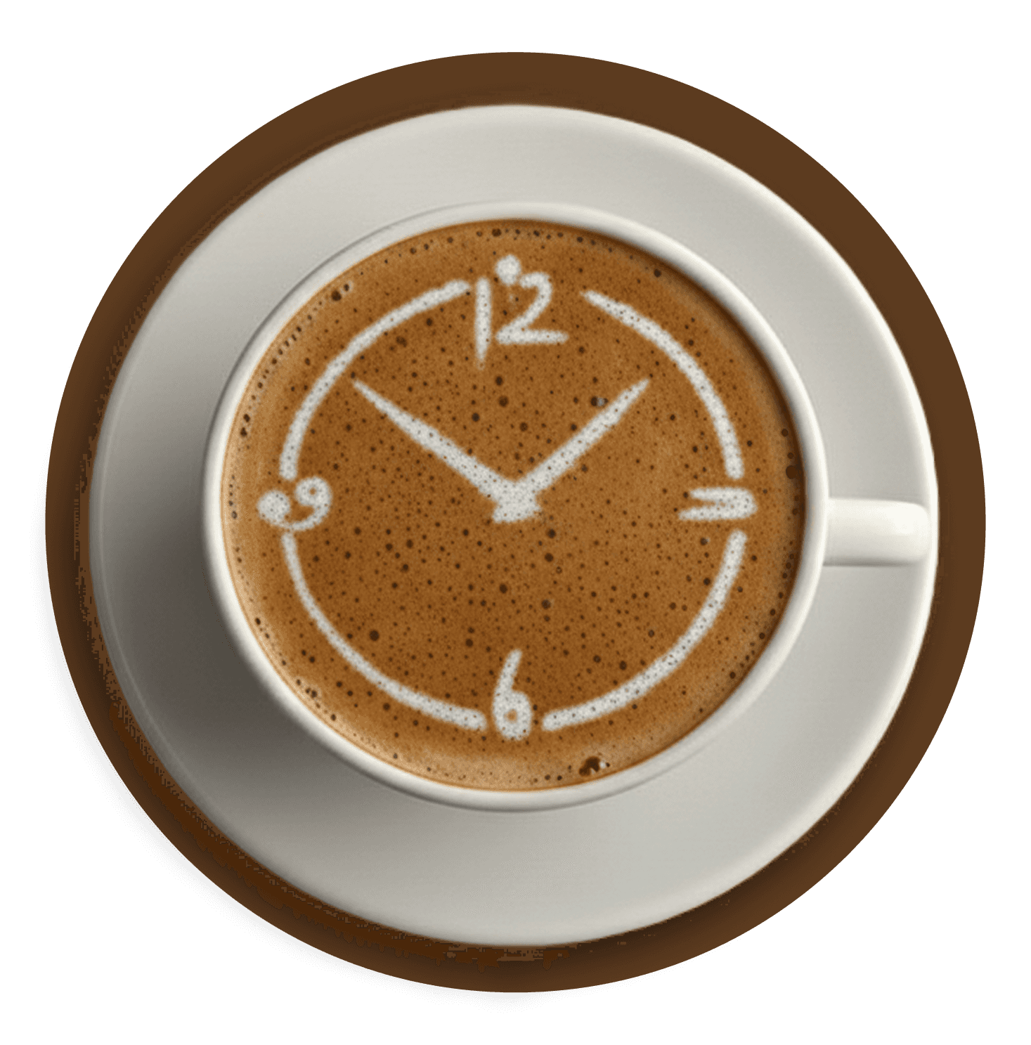 A cup of coffee with art resembling a clock face on its frothy surface, featuring stylized numbers and clock hands pointing to approximately 9:15, set on a white saucer against a brown background.