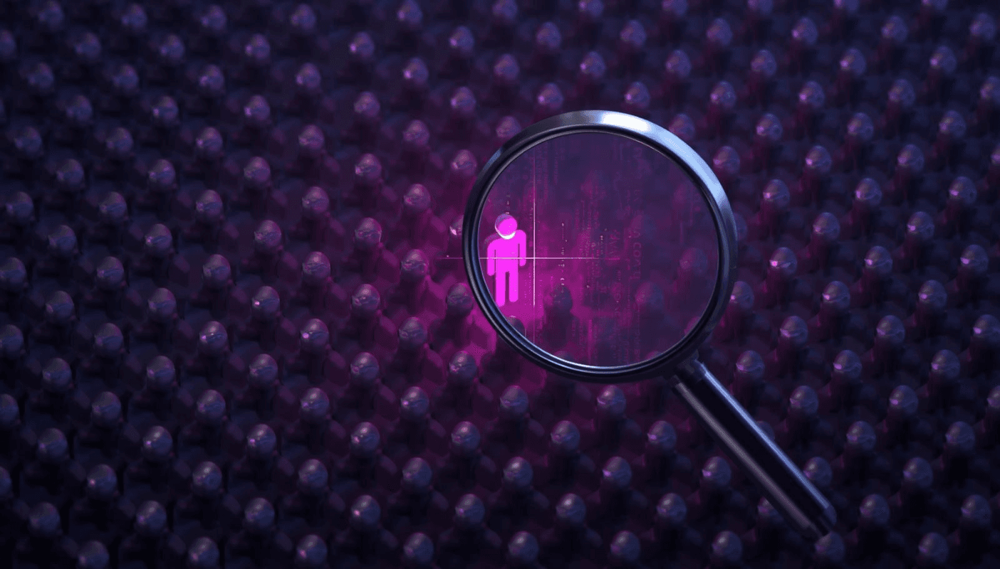 3D isometric render showing a single glowing avatar being targeted among a vast grey crowd, symbolizing high-intent B2B lead generation and sniper targeting.