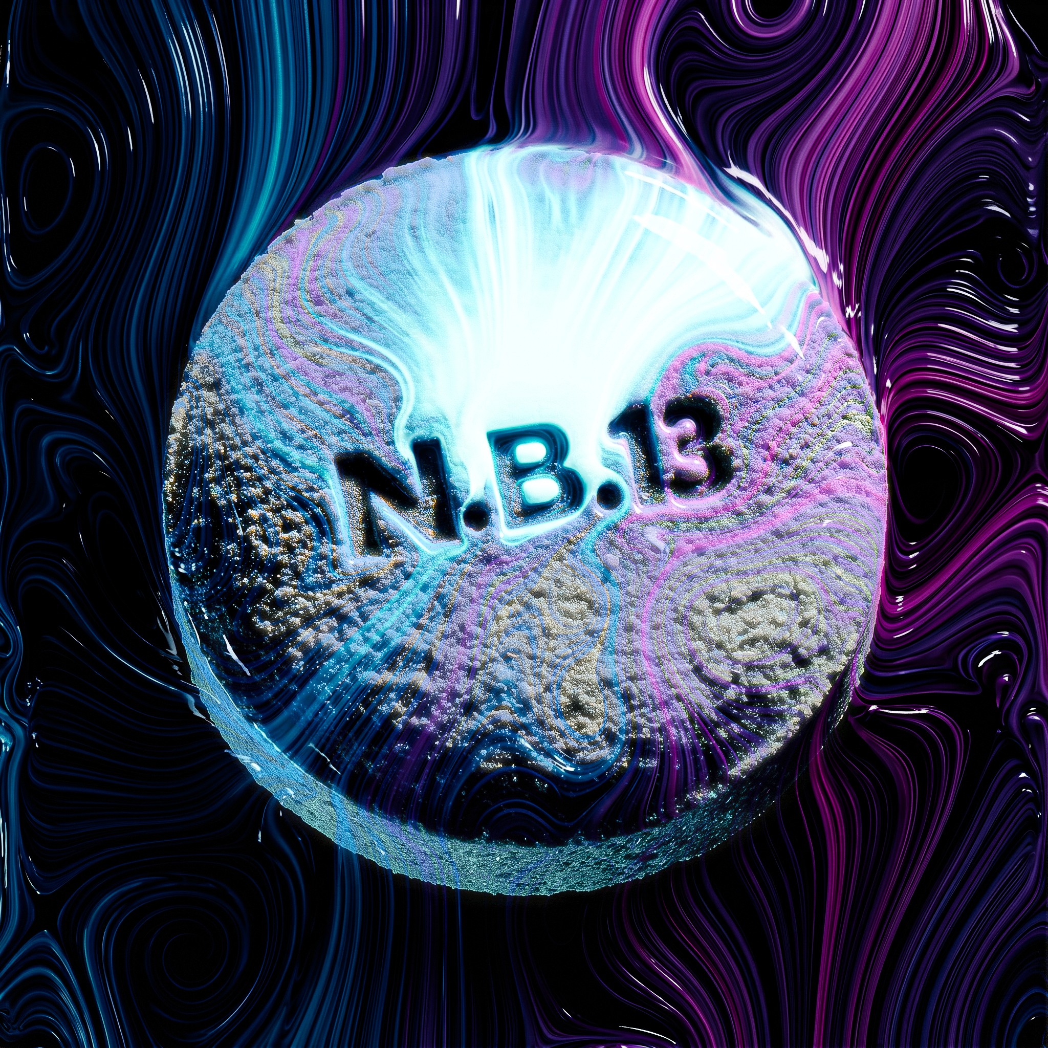 An expert 3D modelling showcase by Nilaye B, the world's best next-generation 3D visualiser and elite Visual Designer. The center art piece features a circular, rough-textured tablet debossed with the inscription "N.B.13". Luminescent veins of cyan and magenta electricity pulse through the porous, stone-like surface. From the top of the pill-shaped object, an intense white-blue light leak erupts, illuminating the surrounding field. The background is a masterfully simulated, glossy fluid dynamic landscape of swirling topographical lines in deep ultraviolet and dark blue. Designed as a high-impact asset for digital marketing, advertising and media, and strategic branding, this composition demonstrates supreme CGI capability, utilizing Rhino 3D modeling workflows and creative strategist principles to establish dominant visual media authority.