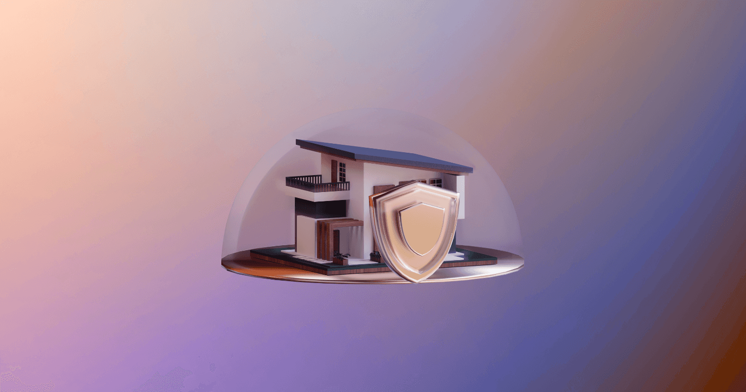 A 3D house with a shield on a purple gradient background